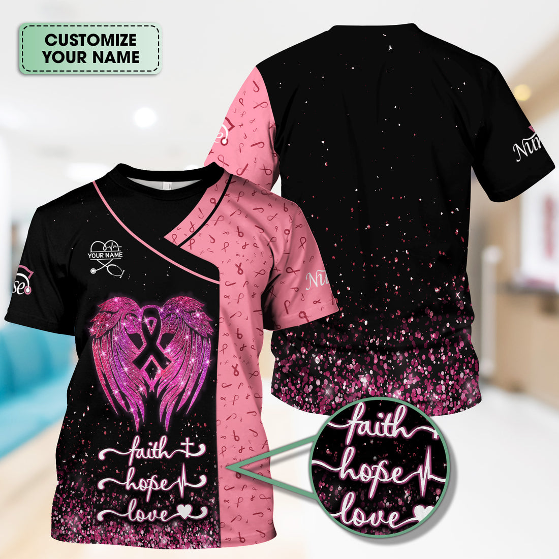 Custom Breast Cancer Warrior Shirt - Pink Glitter Angel Wings & Ribbon Graphic Tee - Gift for Nurse RN LPN CNA