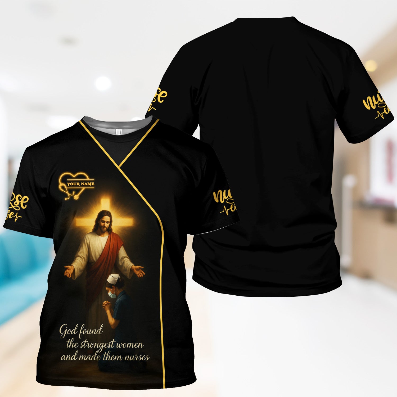 God Found the Strongest Women Nurse Shirt - Christian Faith Scrub Top for RN CNA - Custom Name Spiritual Medical Uniform Gift