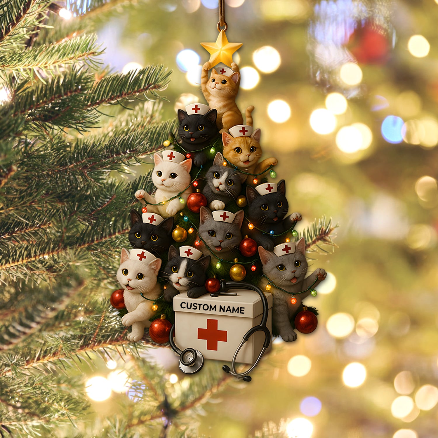Custom Name Nurse Cat Ornament, Christmas Tree Medical Design, RN LPN CNA Healthcare Workers Gift