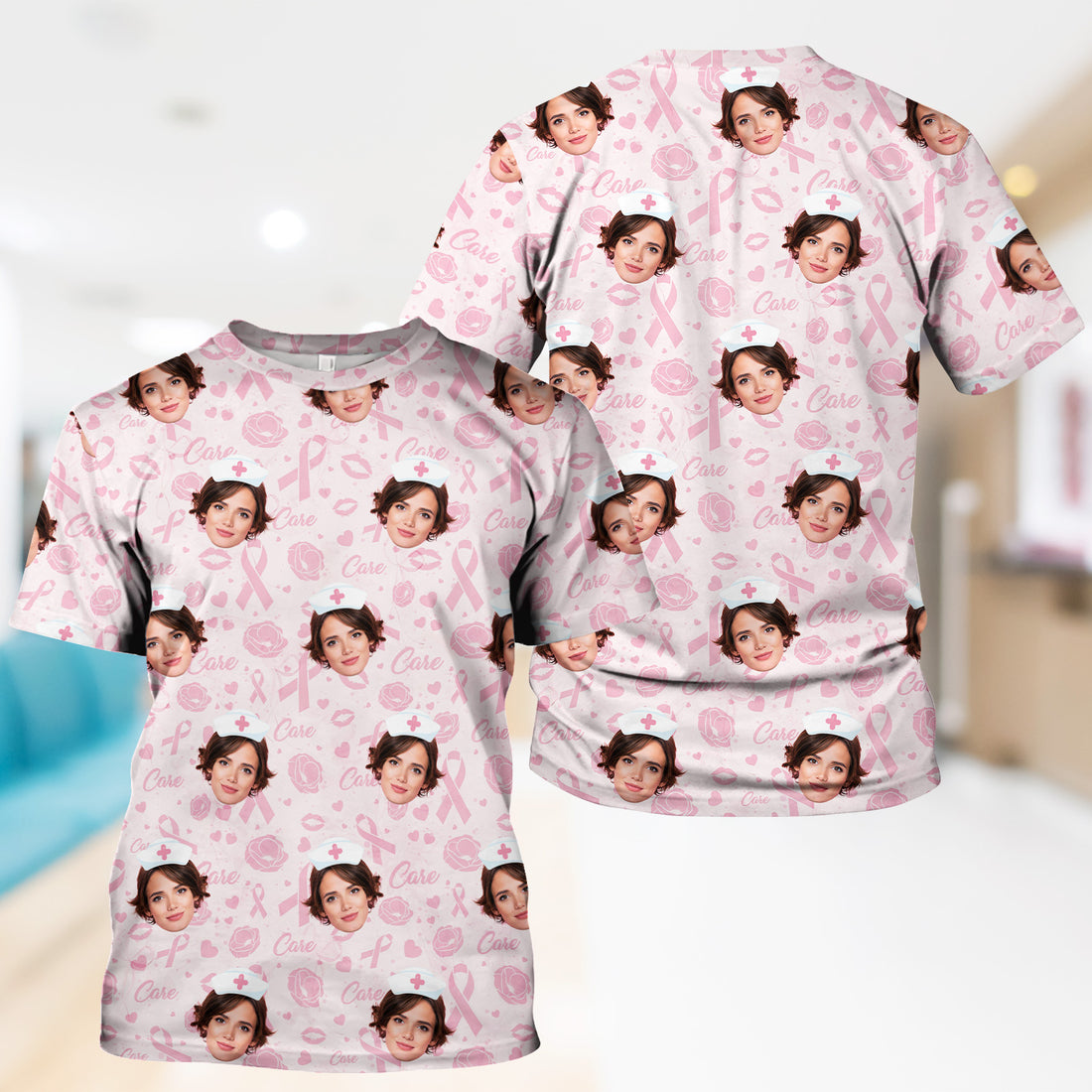 Custom Face Nurse Shirt Pink Ribbon Awareness - Personalized Breast Cancer Support T-Shirt - Gift for Women RN LPN CNA Healthcare Workers