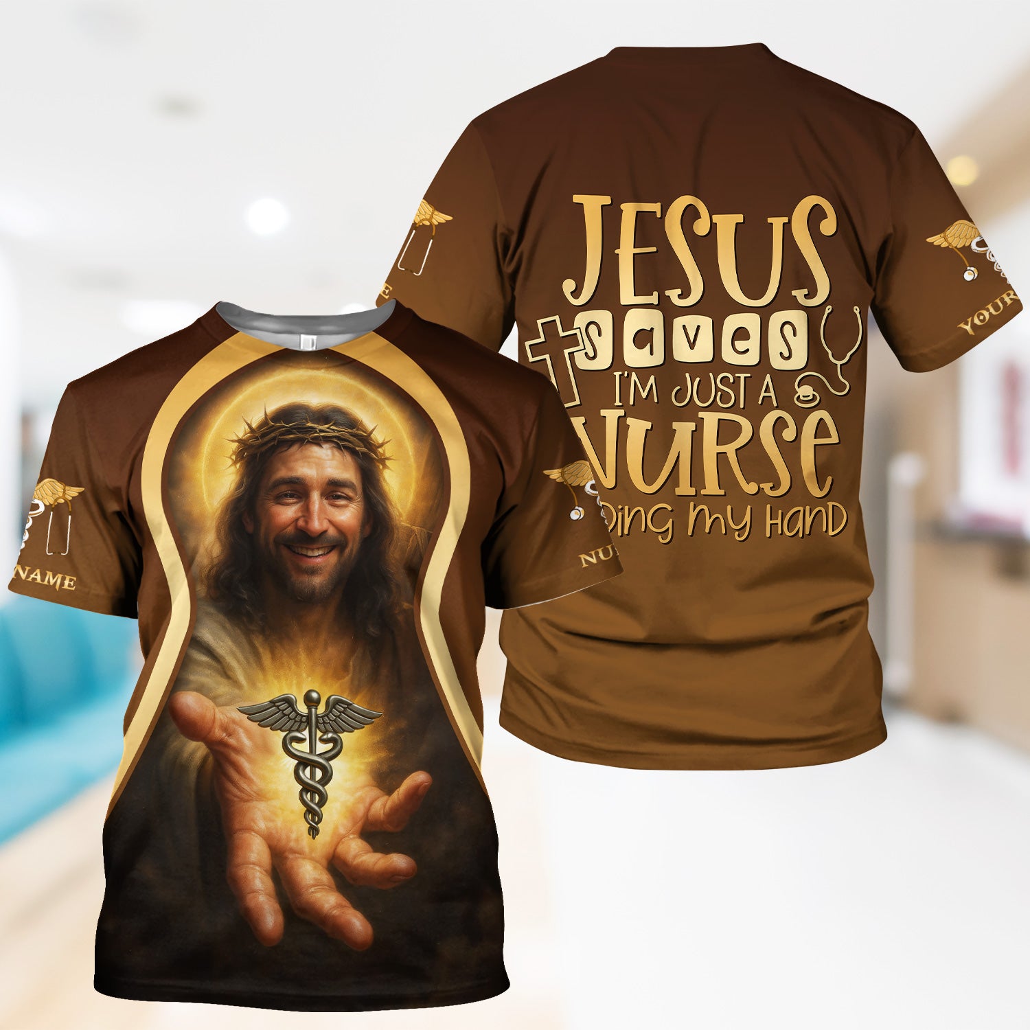Personalized Jesus Shirt for Nurses - Religious Christian Design with Healing Symbol - Custom Name Gift for RN CNA LPN Healthcare Workers