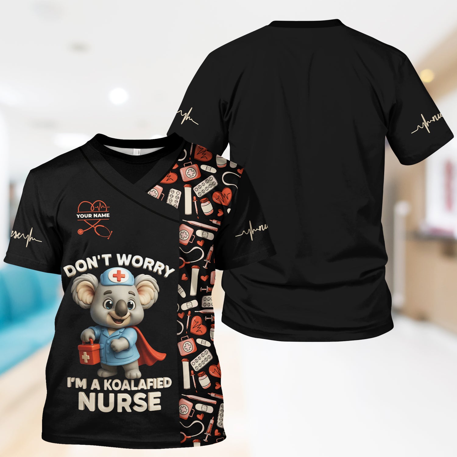 Custom Cute Animal Nurse Shirt - Superhero Koala & Medical Tools Graphic Tee - Gift for RN LPN CNA