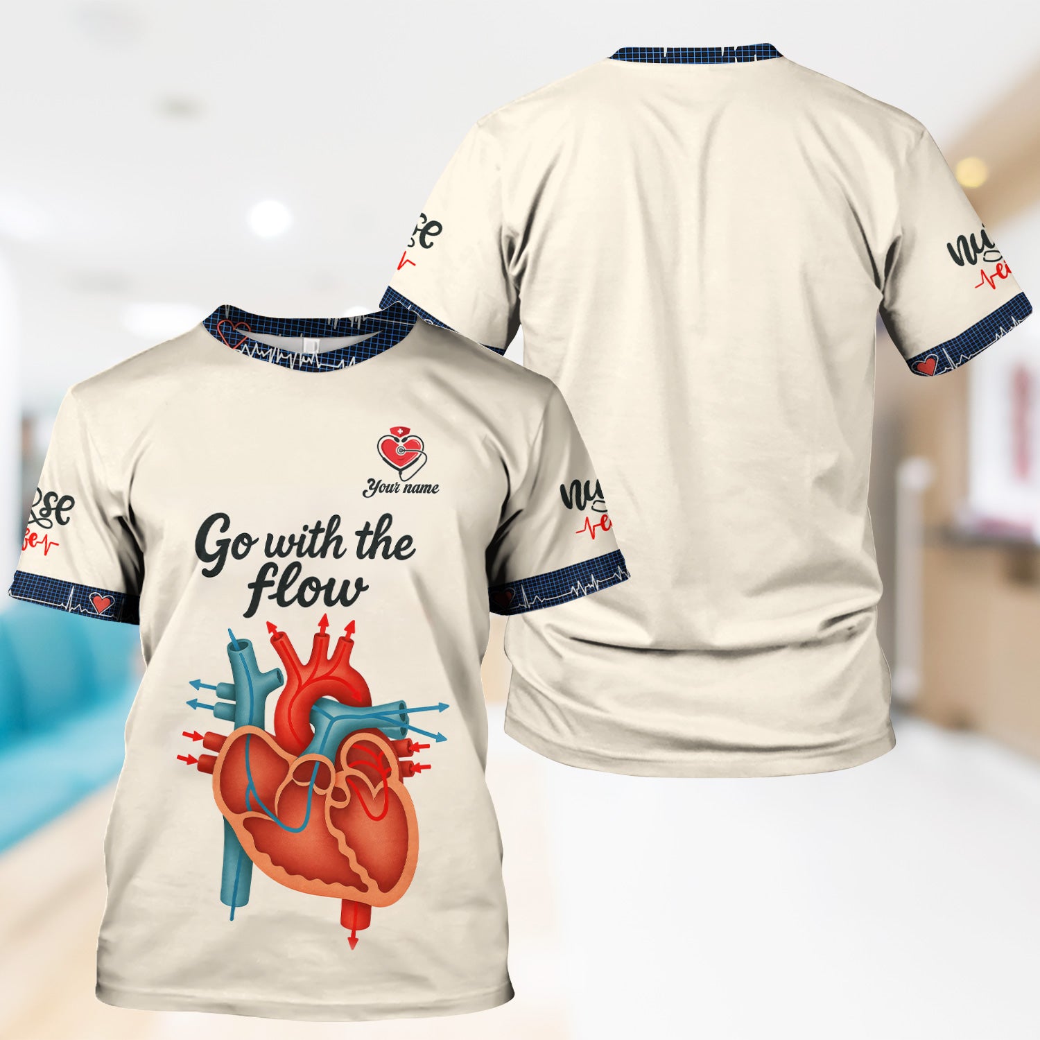 Go With The Flow Nurse Medical Scrub Shirt - Custom Funny Heart Anatomy Design for RN LPN CNA - Gift for Healthcare Workers