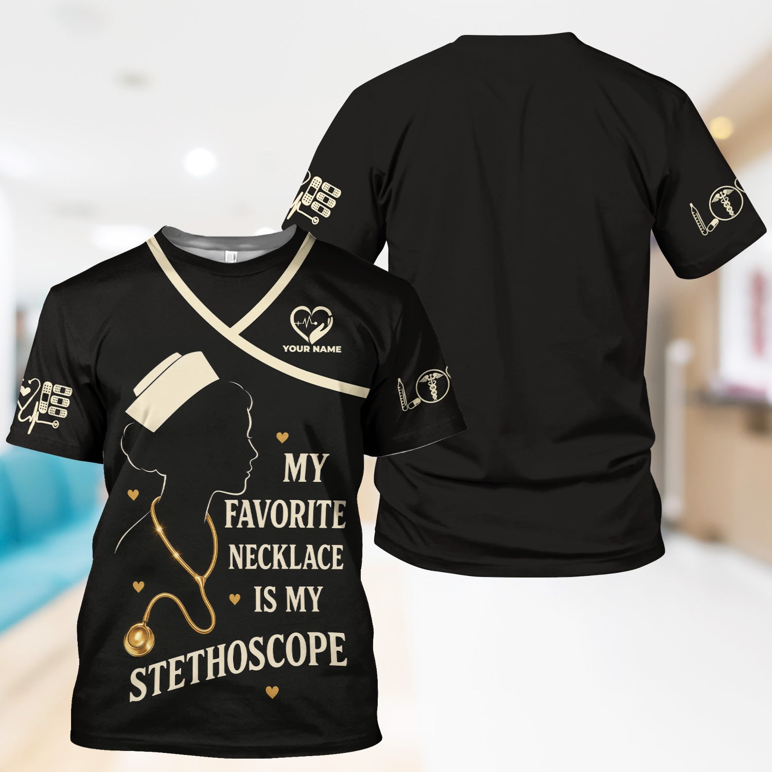 Personalized Funny Nurse Graphic Shirt - Stethoscope Necklace Quote - Gift for Registered Nurse, EMT, Medical Assistant