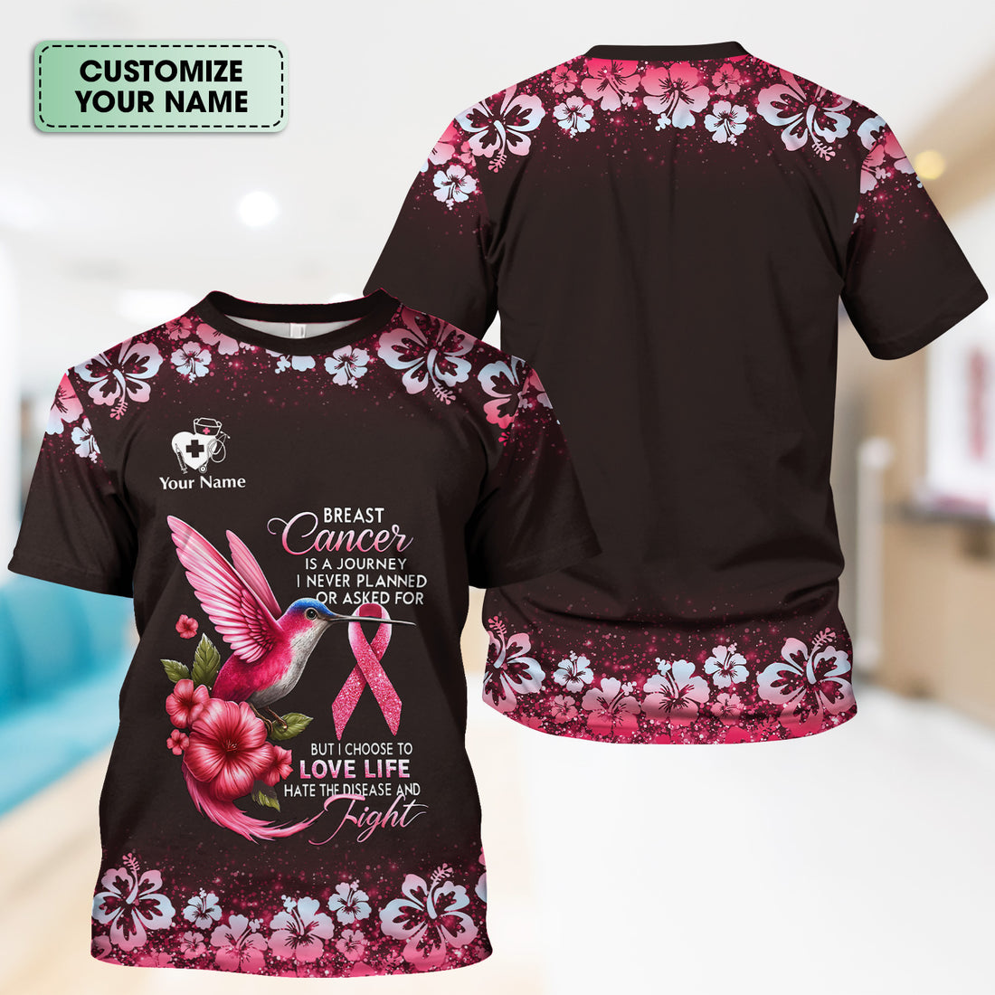Custom Breast Cancer Awareness Shirt - Hummingbird Pink Ribbon Graphic Tee - Gift for RN LPN CNA