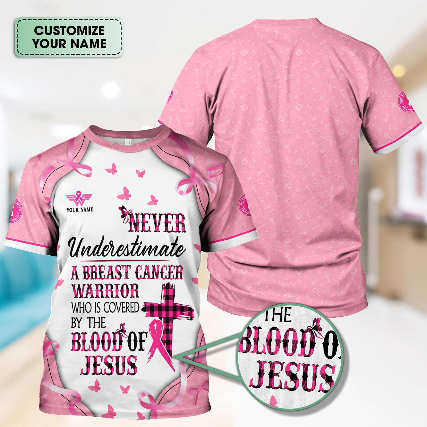 Custom Christian Breast Cancer Awareness Shirt - Blood Of Jesus Quote Graphic Tee - Gift for RN LPN CNA