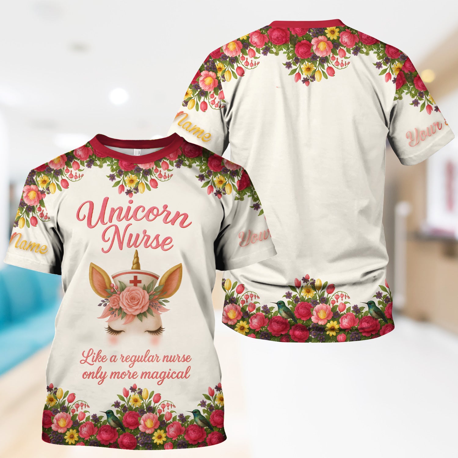 Funny Unicorn Nurse Shirt - Custom Name Floral Magical Design RN LPN CNA - Gift for Nursing Teams & Healthcare Professionals
