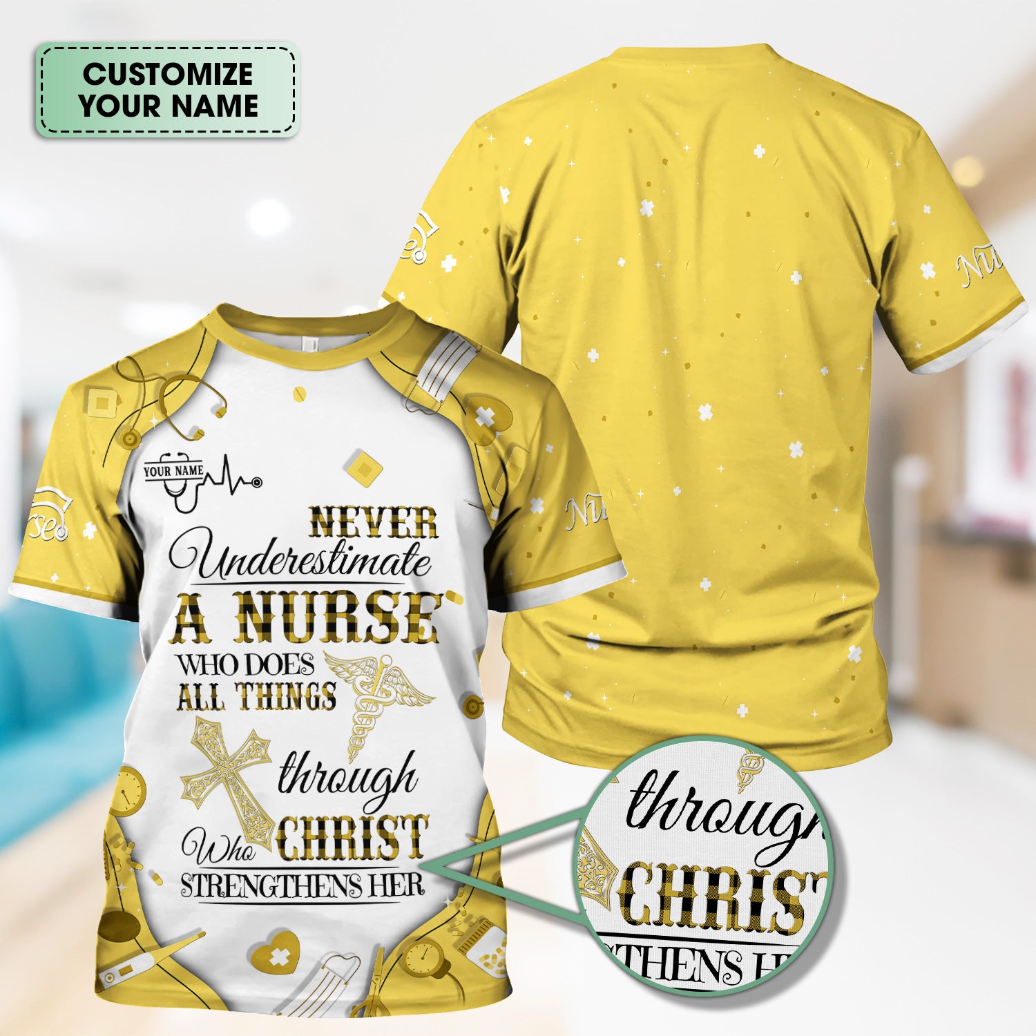 Personalized Christian Nurse Shirt - All Things Through Christ Quote - Faith-Based Medical Gift for RN, LPN, CNA Healthcare Workers