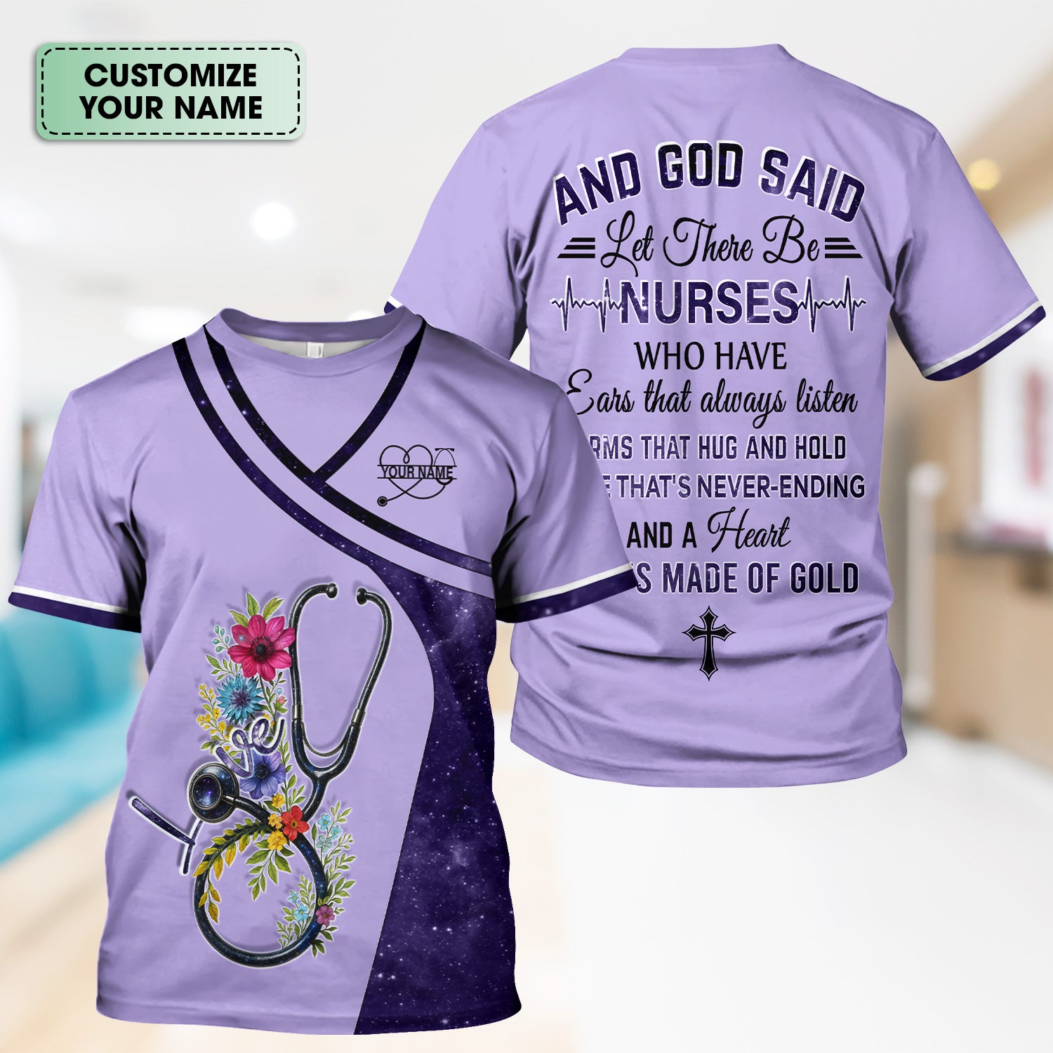 Custom Nurse Love T-Shirt - Floral Stethoscope & Galaxy Design - Personalized Gift for RN LPN CNA Healthcare Professionals