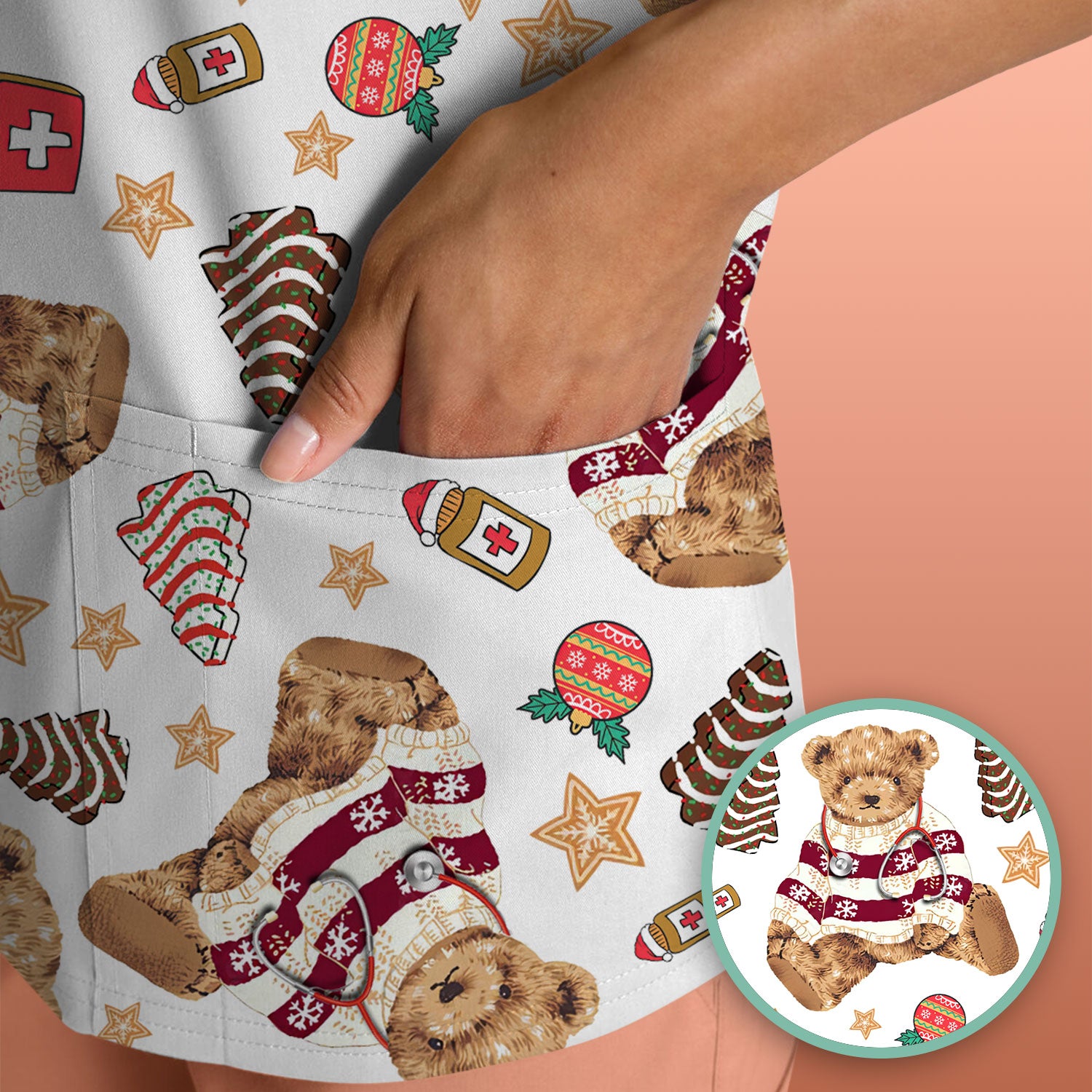 Christmas Teddy Bear Scrub Top for Nurses - Cozy Holiday Pattern with Cute Bear and Medical Icons - Festive Scrubs for Women