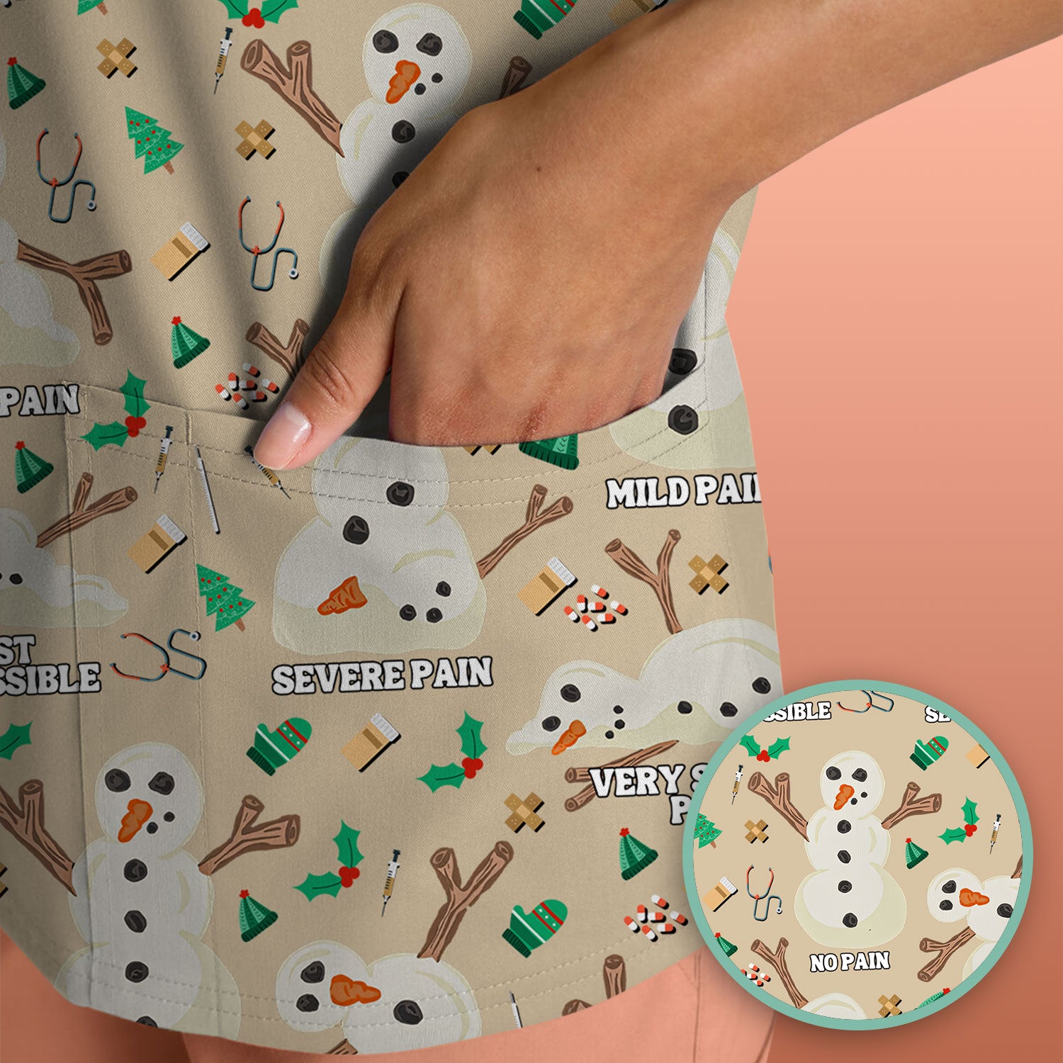 Christmas Snowman Nurse Scrub Top for Women - Funny Pain Scale Medical Shirt - Cute Holiday Nursing Uniform Gift for RN LPN CNA