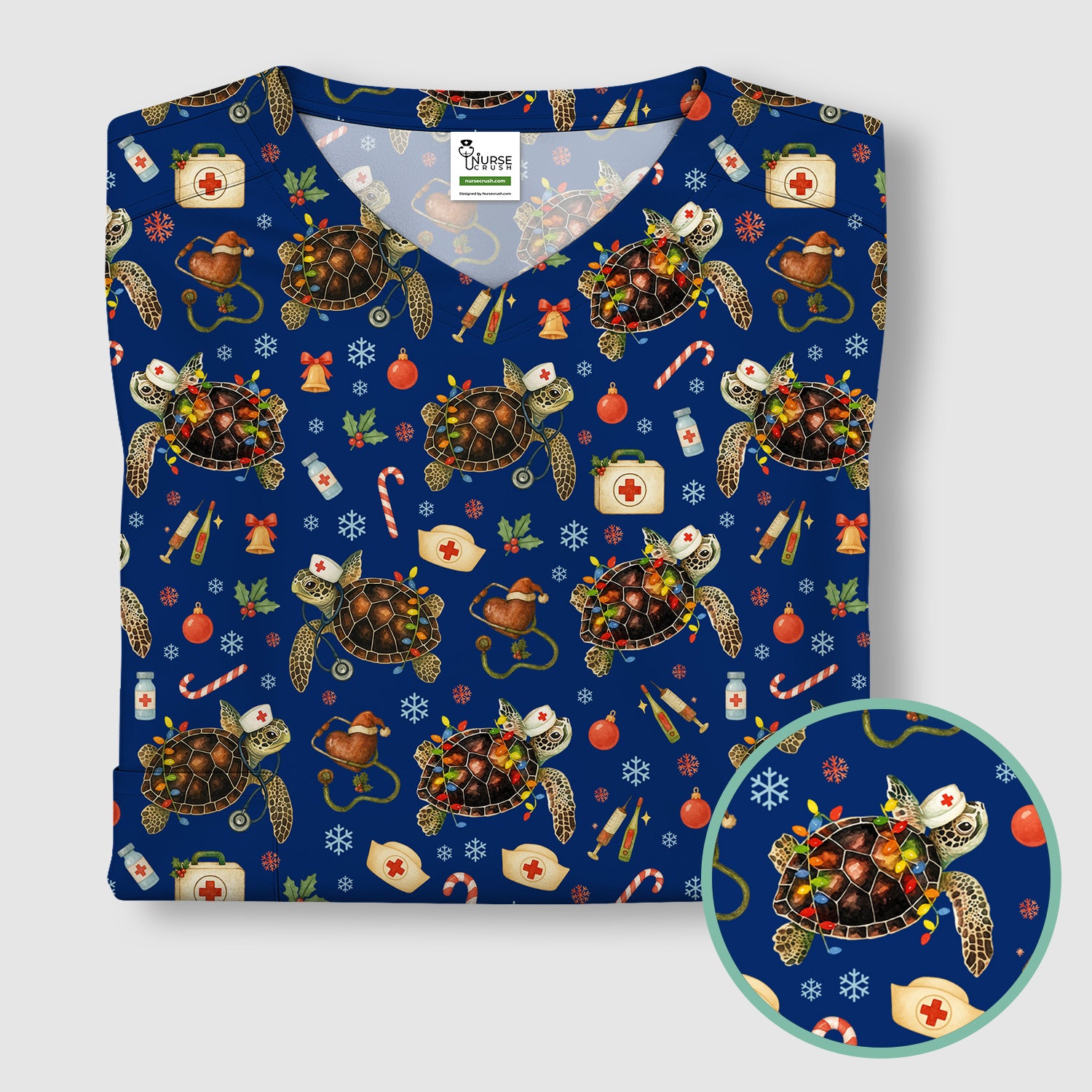 Christmas Turtle Scrub Top for Women - Cute Sea Turtle Nursing Medical Shirt - Festive Holiday Scrubs for CNA LPN RN