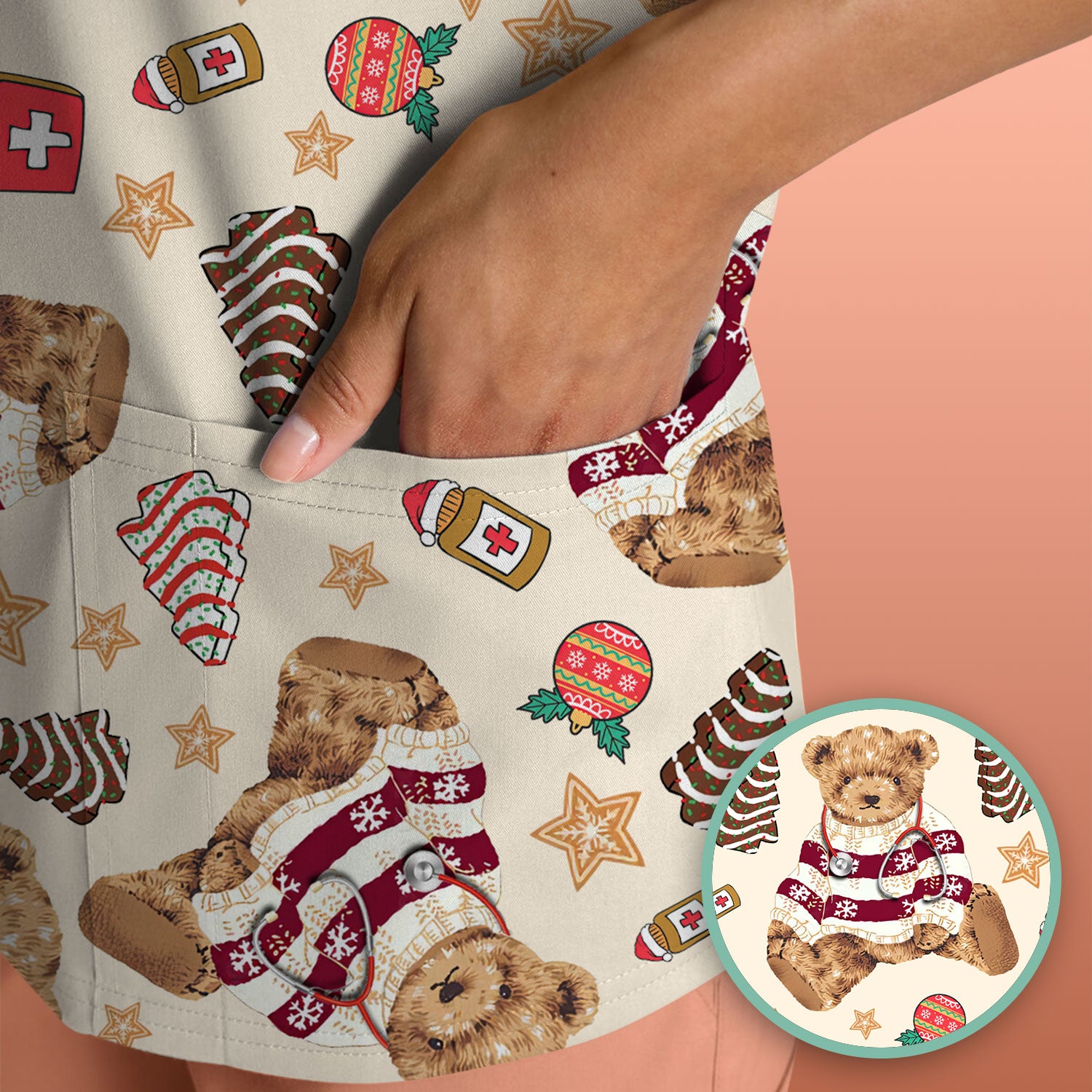 Christmas Teddy Bear Scrub Top for Nurses - Cozy Holiday Pattern with Cute Bear and Medical Icons - Festive Scrubs for Women