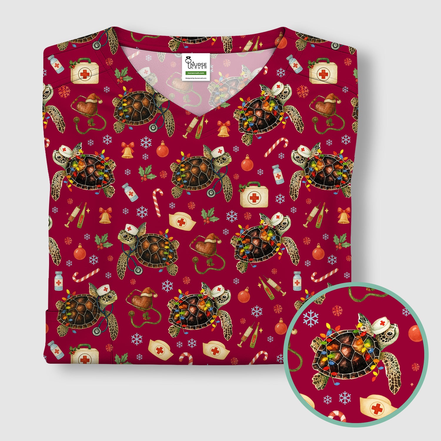 Christmas Turtle Scrub Top for Women - Cute Sea Turtle Nursing Medical Shirt - Festive Holiday Scrubs for CNA LPN RN