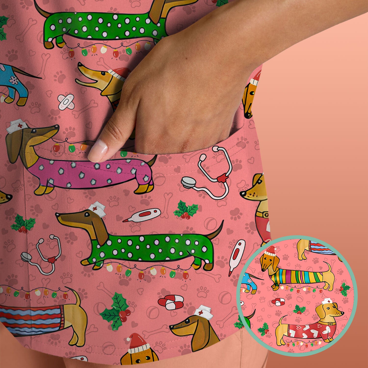 Christmas Scrub Top for Women - Funny Dachshund Nurse Shirt - Cute Holiday Medical Uniform Gift for RN LPN CNA