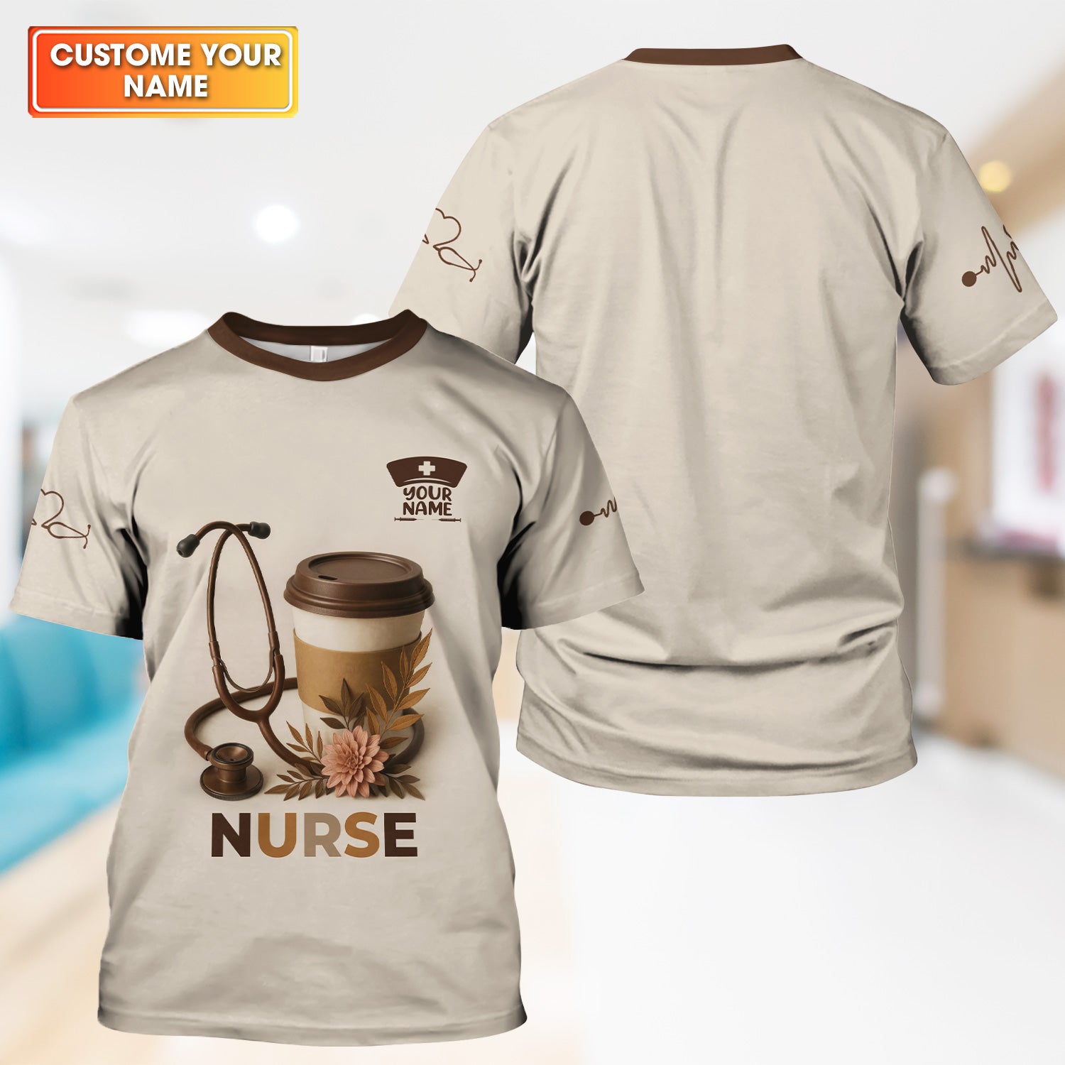 Personalized Coffee Nurse Shirt - Brown Stethoscope Floral Design - Cute Gift for RN LPN CNA Women
