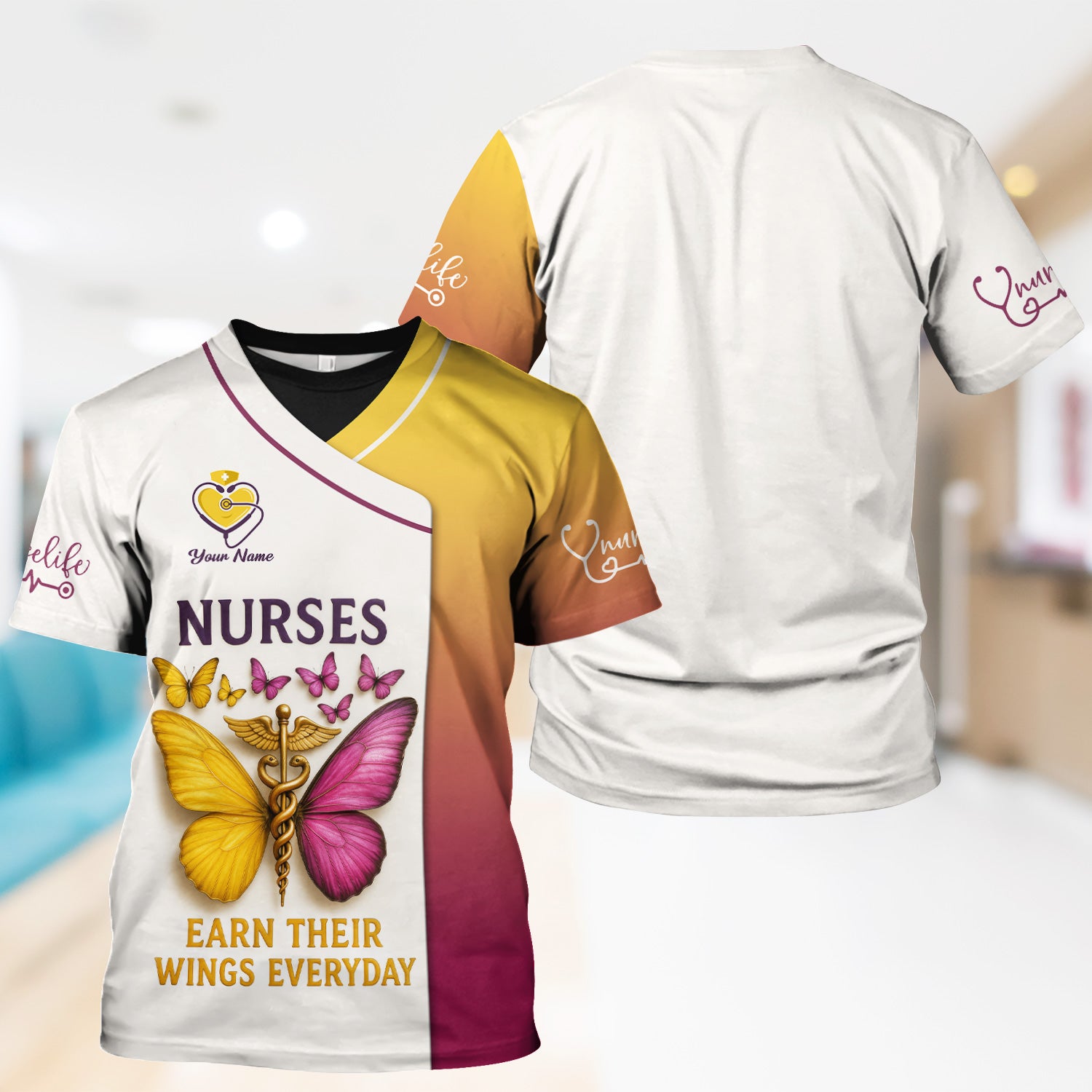 Personalized Butterfly Nurse Shirt - Nurses Earn Their Wings Everyday - Custom RN LPN CNA Uniform Top Gift for Women