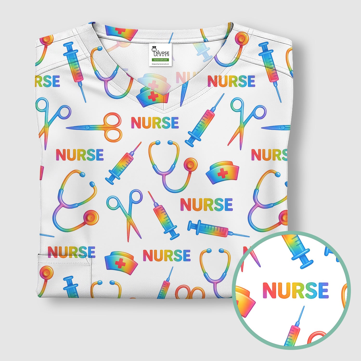 Colorful Nurse Scrub Top for Women - Rainbow Syringe and Scissors Pattern - Fun Medical Scrubs Shirt Gift for RN LPN CNA