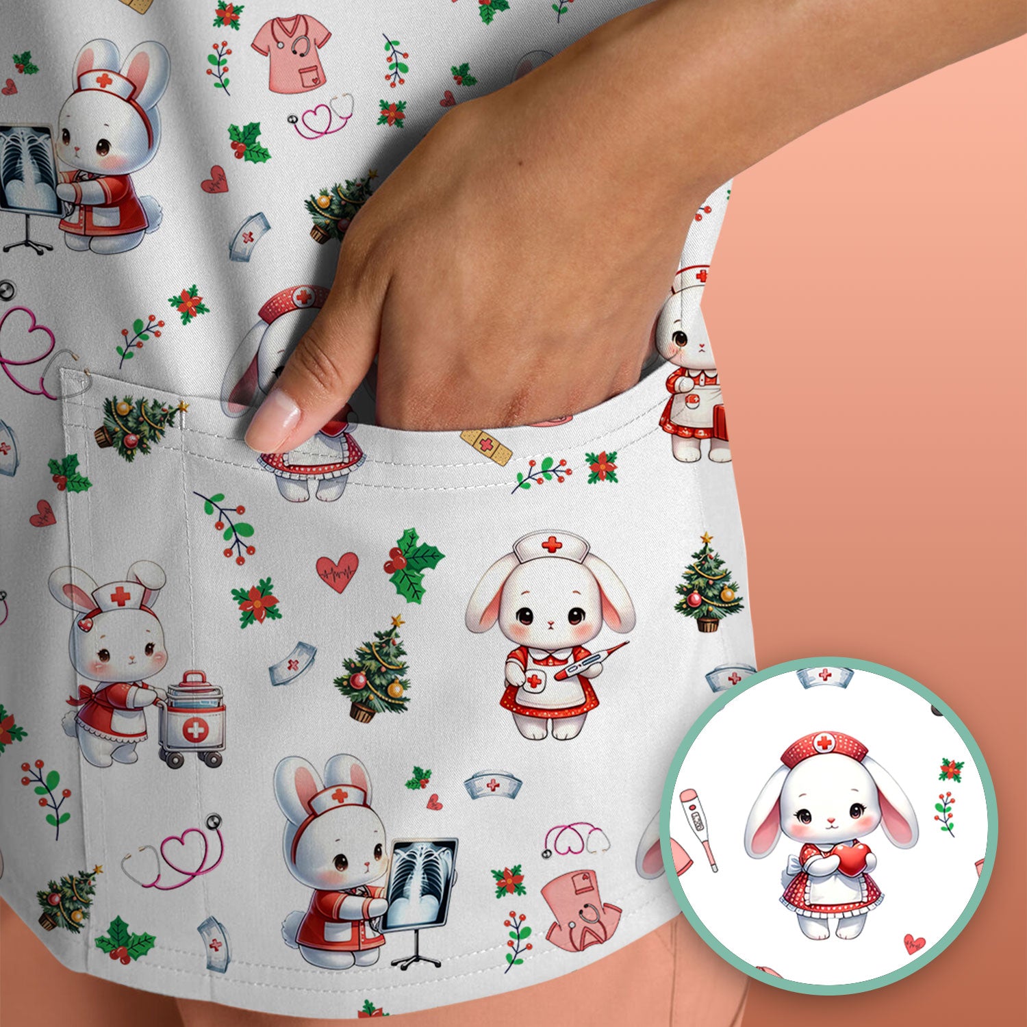 Comfortable Scrubs for Nurses - Funny Bunny Scrub Top - Rabbit Christmas Shirt - Xmas Med Uniform for Women