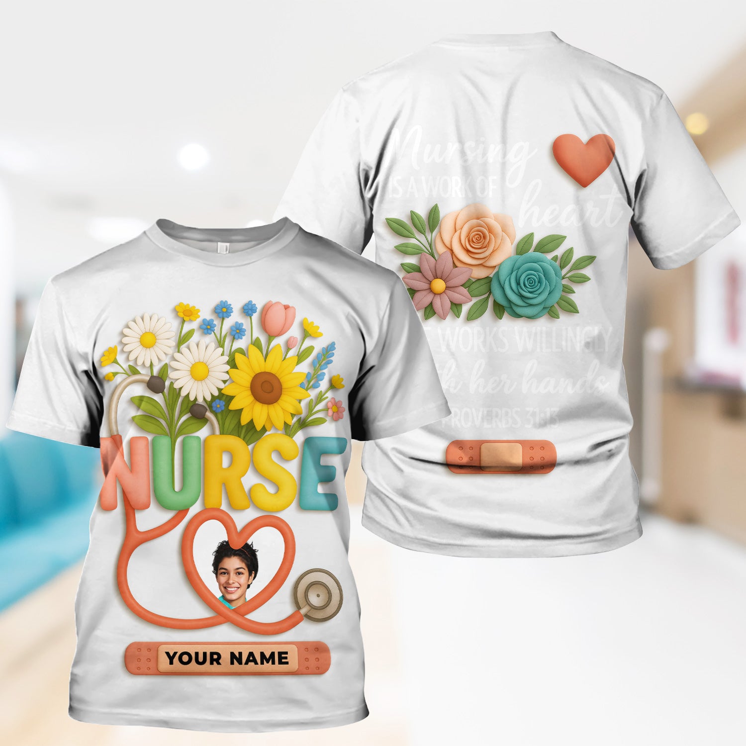 Nurse Appreciation Shirt for CNA RN LPN - Floral Heart Stethoscope Design - Custom Photo & Name Gift for Women Healthcare Workers - Multiple Shirt Colors Available