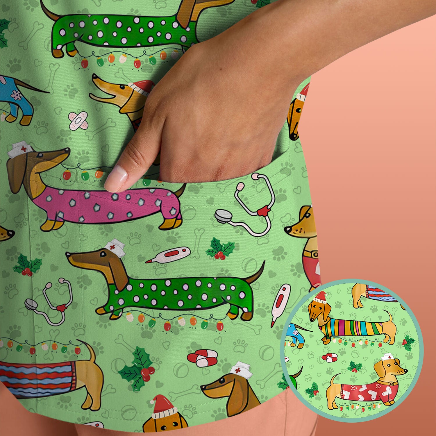 Christmas Scrub Top for Women - Funny Dachshund Nurse Shirt - Cute Holiday Medical Uniform Gift for RN LPN CNA