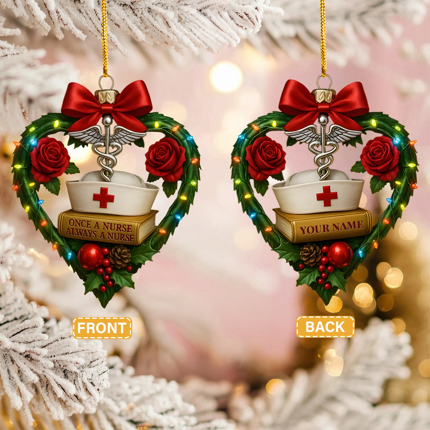 Custom Name Nurse Christmas Ornament with Heart and Roses, Inspirational Holiday Gift for Healthcare Workers