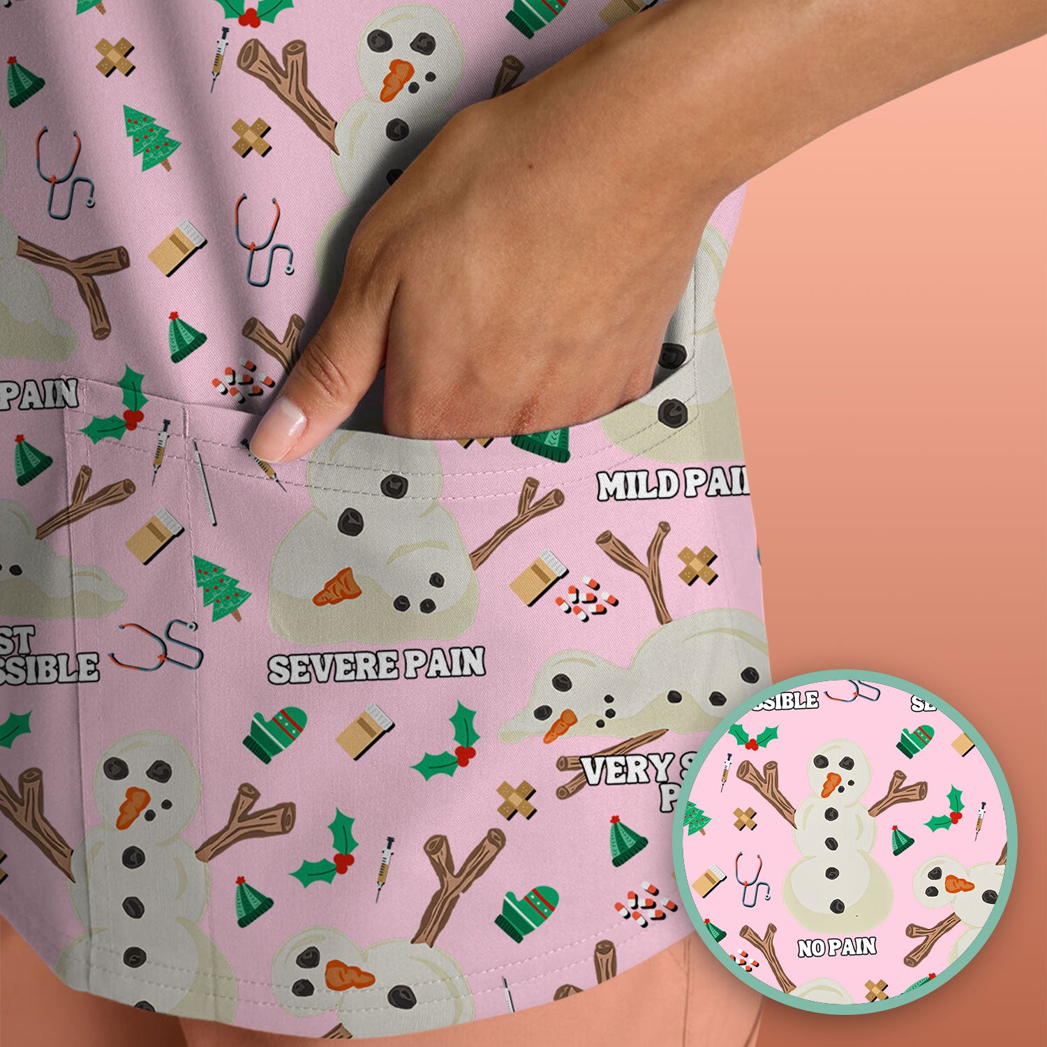 Christmas Snowman Nurse Scrub Top for Women - Funny Pain Scale Medical Shirt - Cute Holiday Nursing Uniform Gift for RN LPN CNA