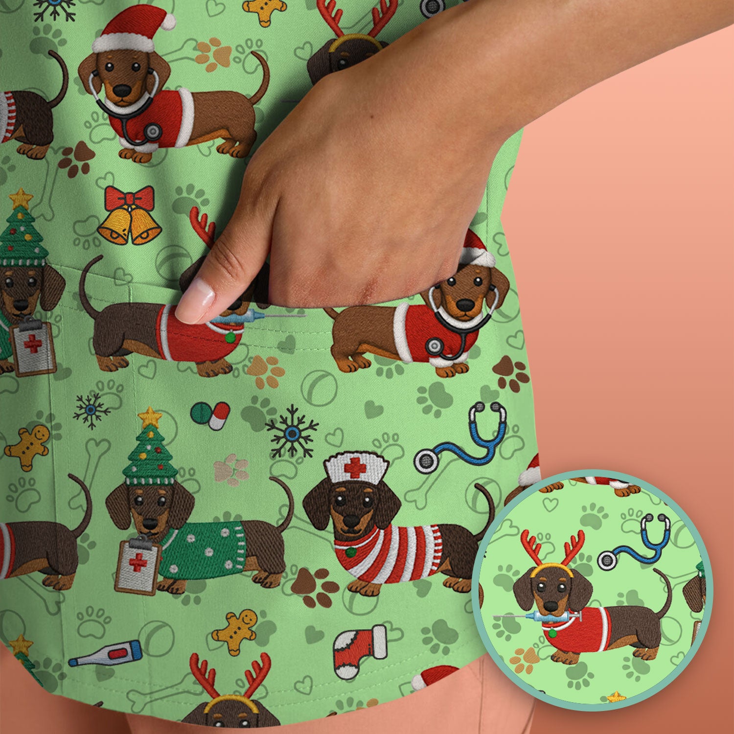Christmas Wiener Dog Scrub Top for Nurses - Cute Dachshund Medical Shirt - Fun Holiday Scrubs Gift for Women RN CNA LPN