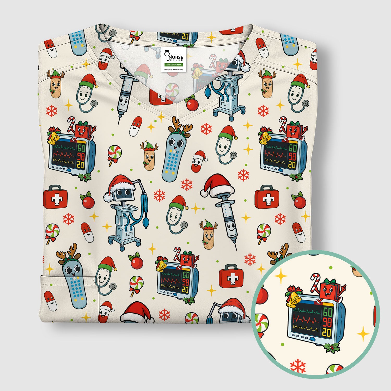 Christmas Scrub Top for Women - Funny Nurse Pattern with Robot & Reindeer - Festive Medical Shirt for Holiday Shifts