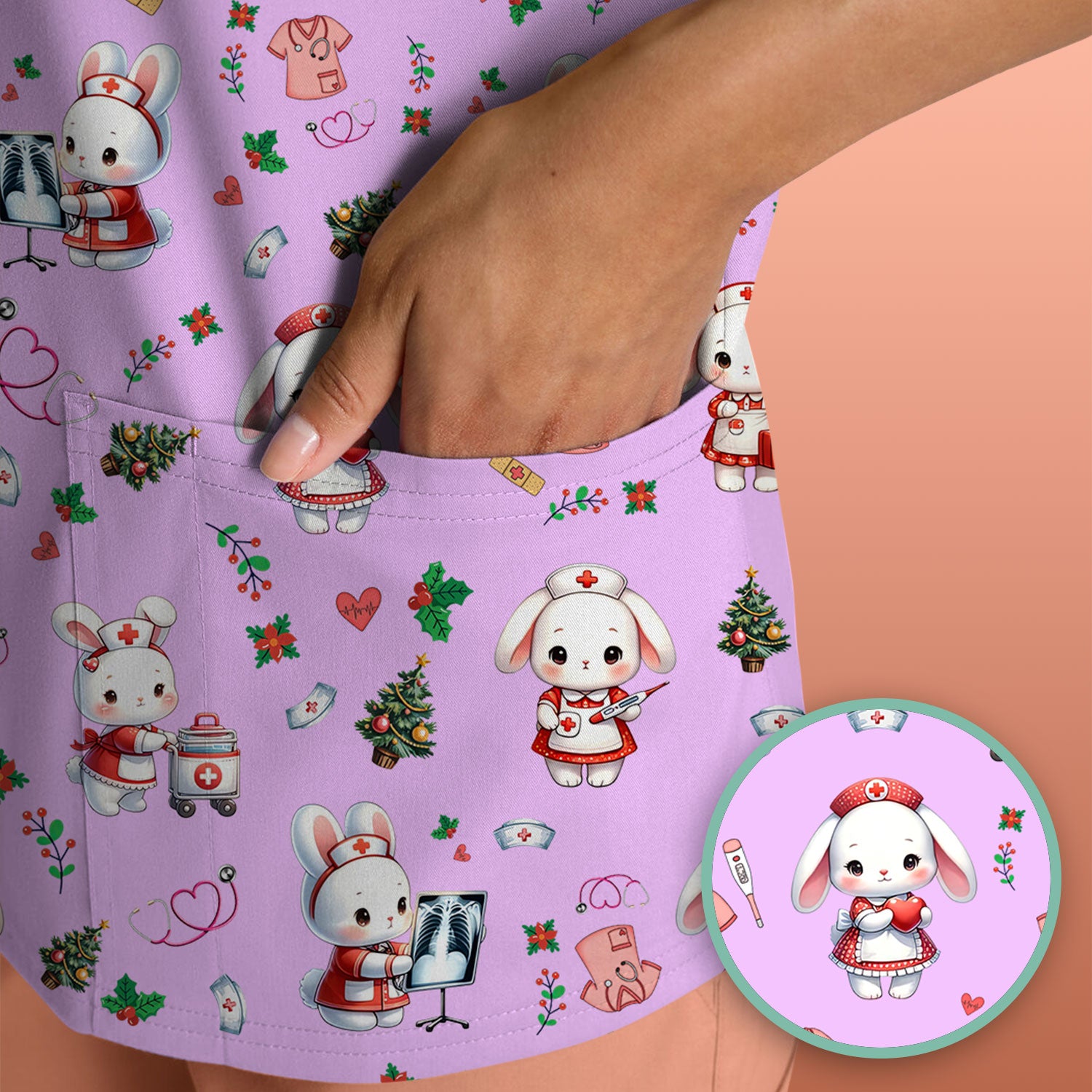 Comfortable Scrubs for Nurses - Funny Bunny Scrub Top - Rabbit Christmas Shirt - Xmas Med Uniform for Women