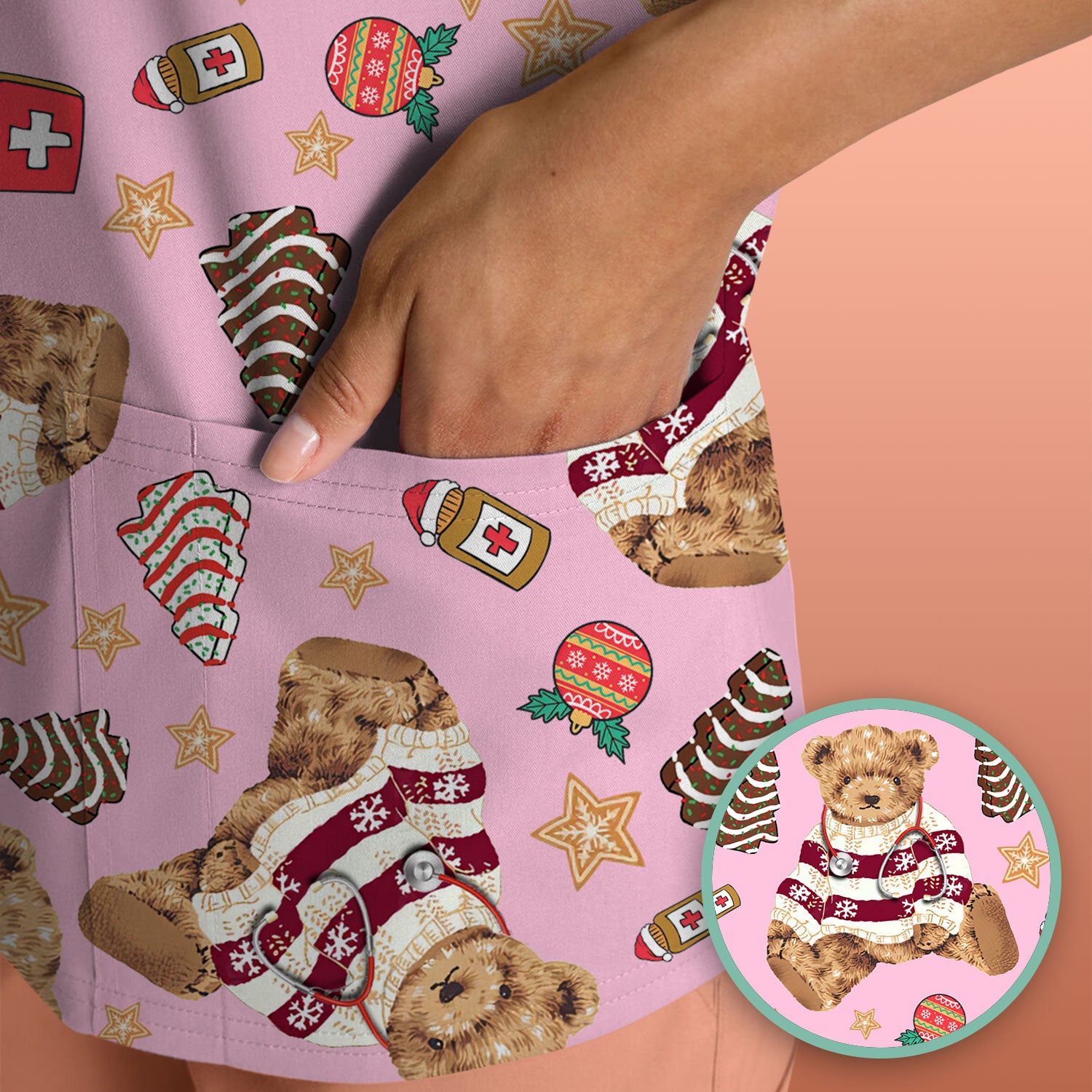 Christmas Teddy Bear Scrub Top for Nurses - Cozy Holiday Pattern with Cute Bear and Medical Icons - Festive Scrubs for Women