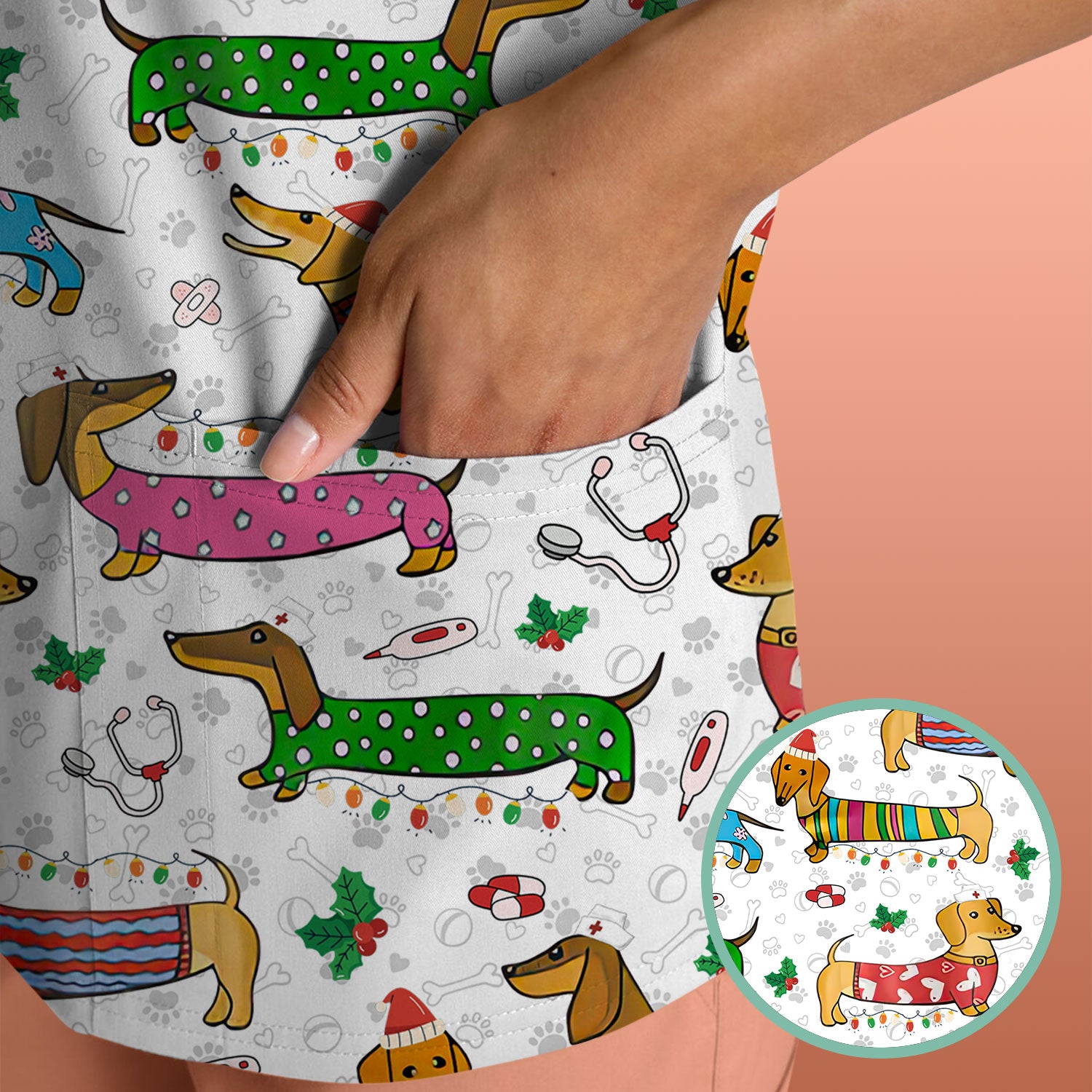 Christmas Scrub Top for Women - Funny Dachshund Nurse Shirt - Cute Holiday Medical Uniform Gift for RN LPN CNA