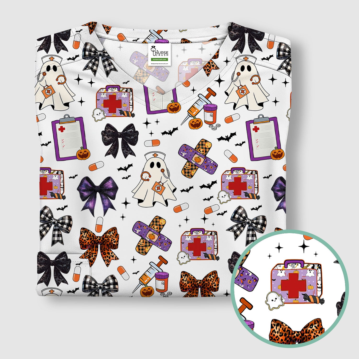 Spooky Cute Nurse Scrubs Top - Ghost, Pumpkin & Bow Print - Fun Halloween Medical Shirt for Women Nurses
