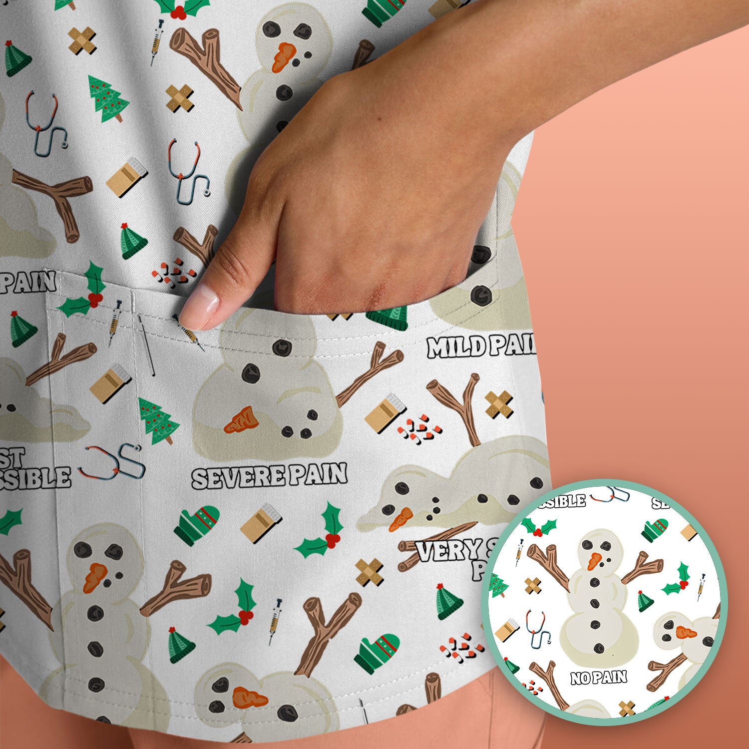 Christmas Snowman Nurse Scrub Top for Women - Funny Pain Scale Medical Shirt - Cute Holiday Nursing Uniform Gift for RN LPN CNA