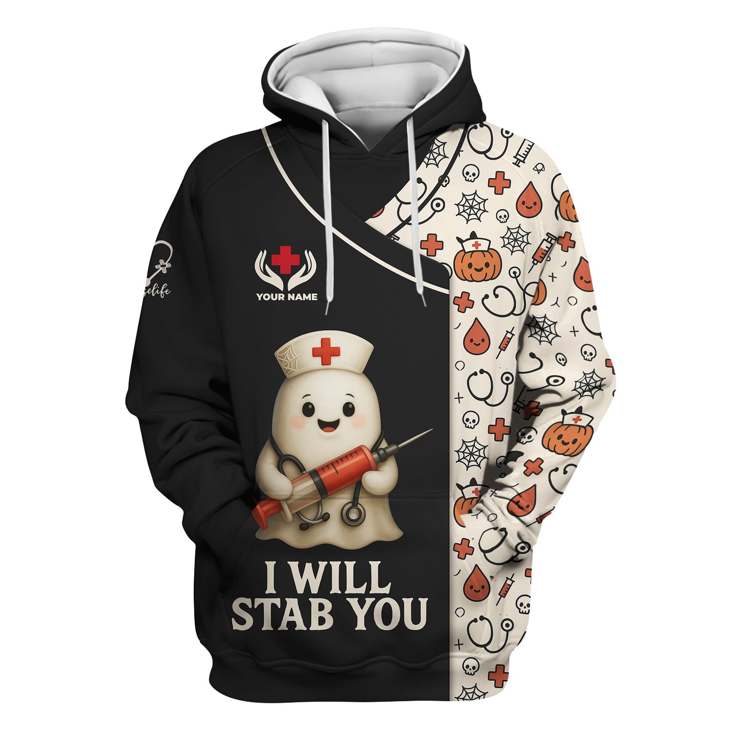 Personalized Funny Halloween Nurse Scrub Top - I Will Stab You Ghost with Syringe for Women RN LPN CNA - Gift for Healthcare Worker