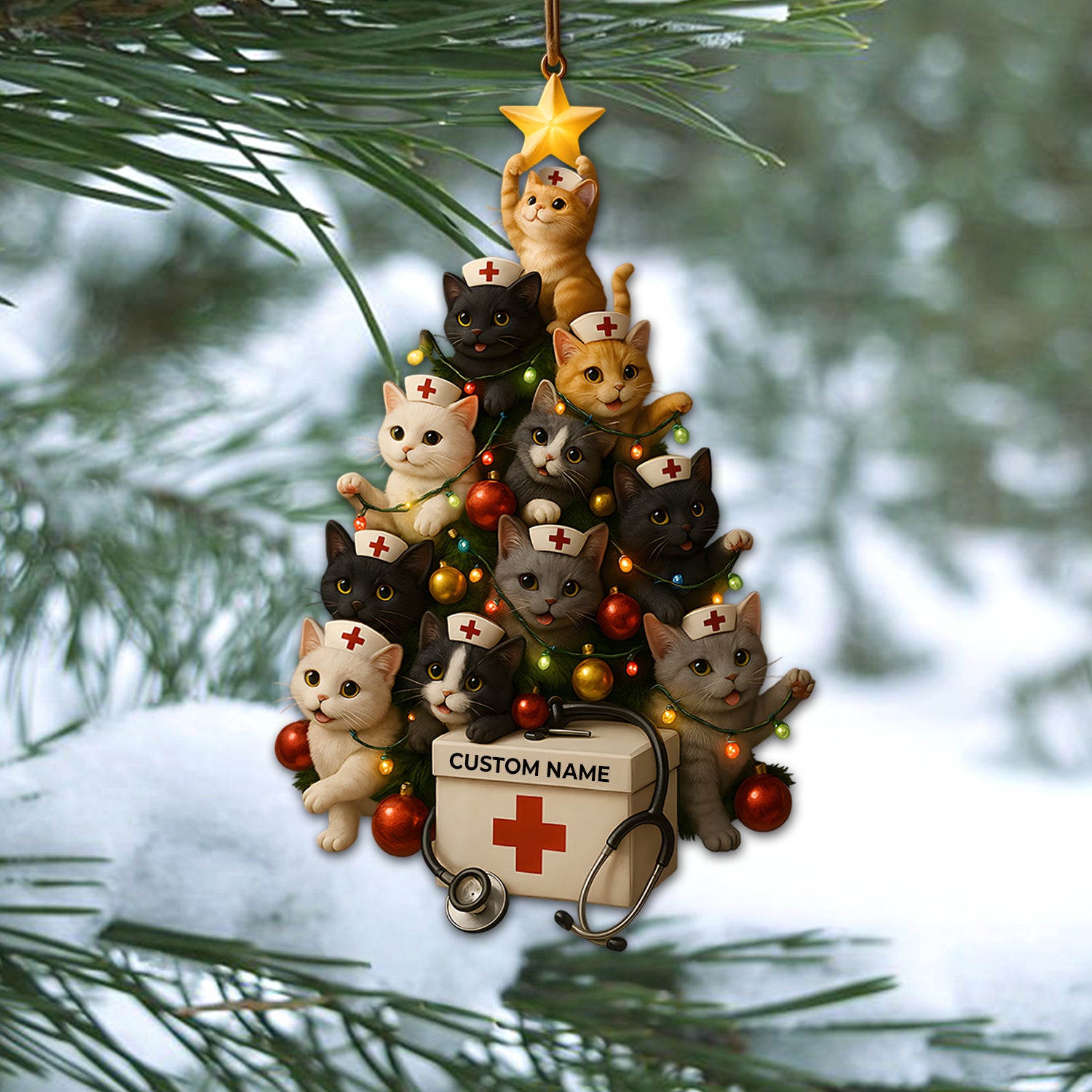Custom Name Nurse Cat Ornament, Christmas Tree Medical Design, RN LPN CNA Healthcare Workers Gift