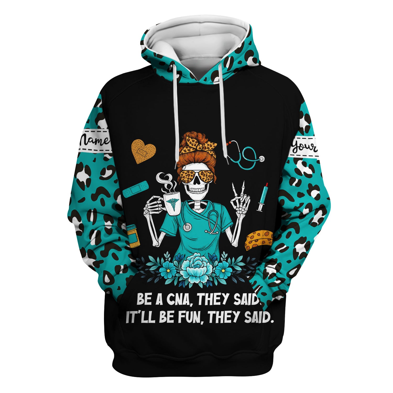 Personalized CNA Skeleton Shirt - Messy Bun Hair & Leopard Print Graphic Tee - Gift for Women CNA & Healthcare Workers