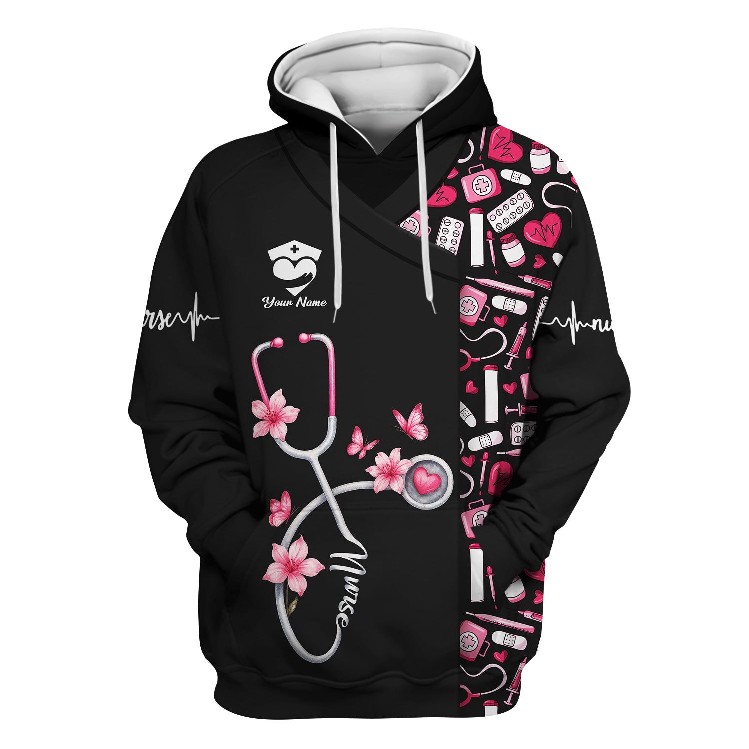 Custom Cute Floral Nurse Scrub Top for Women - Medical Uniform with Stethoscope Design - Comfortable Workwear for RN, CNA, LPN, Medical Staff