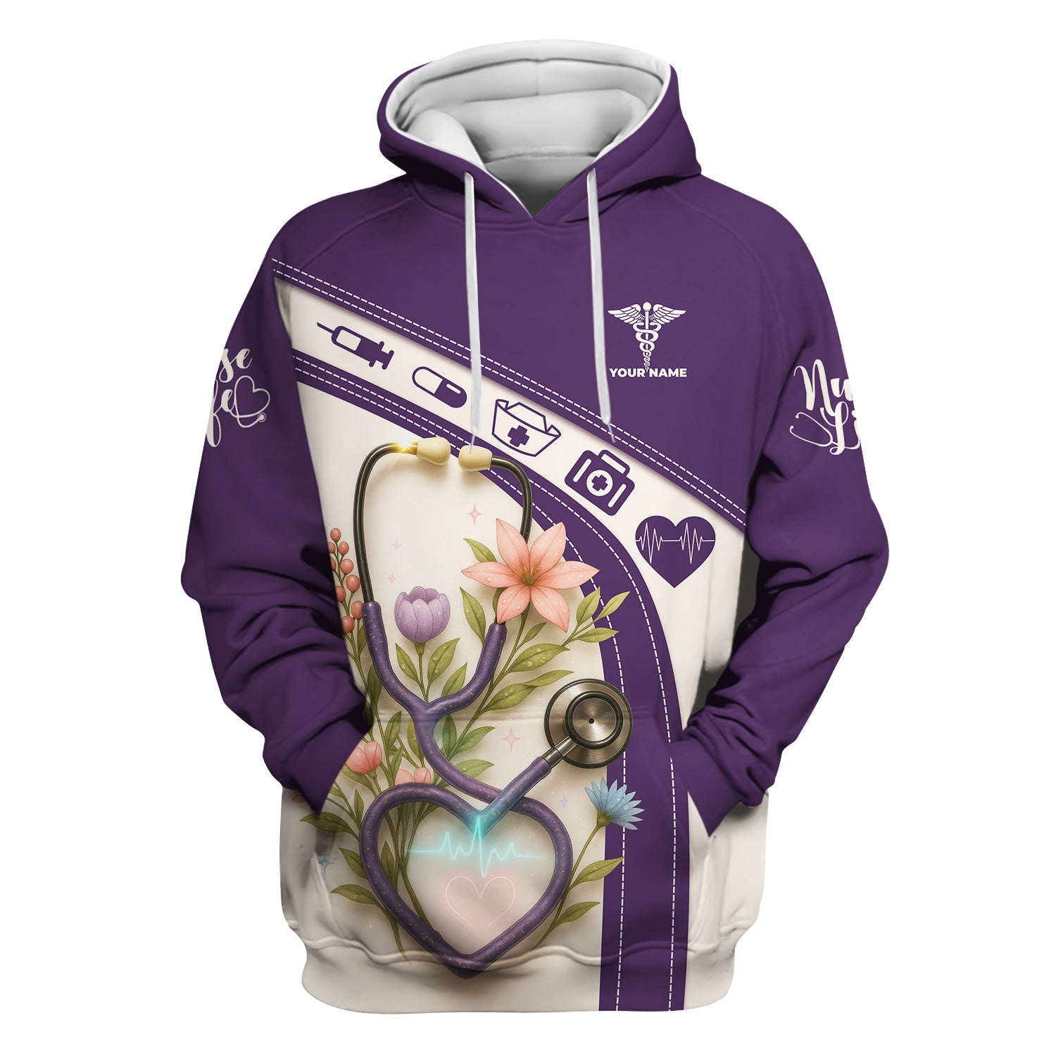 Custom Floral Scrub Top for Nurses - Heartbeat Stethoscope Purple Shirt - Personalized Medical Uniform Gift for RN CNA LPN