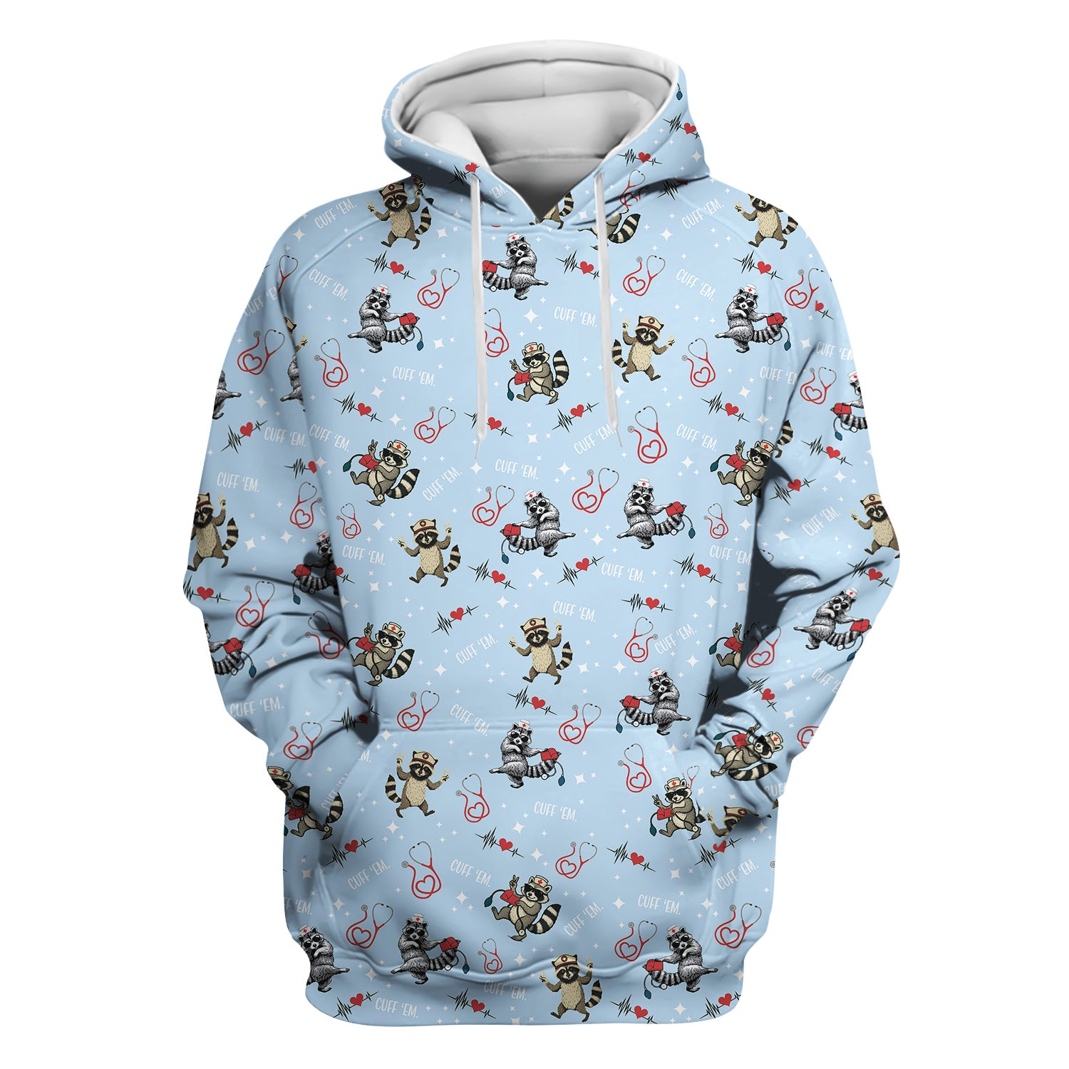 Cuff ‰Û÷Em Raccoon Nurse Shirt - Funny Medical Scrub T-Shirt for CNA EMT LPN - Cute All Over Print Gift for Healthcare Workers