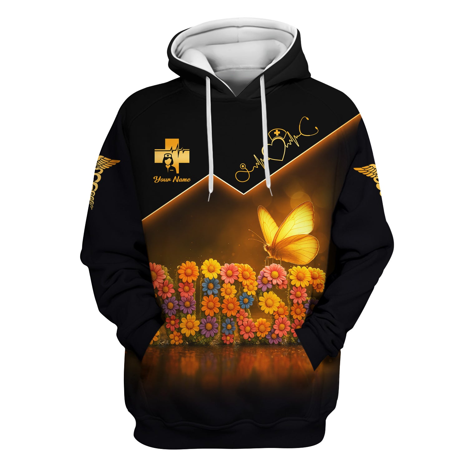 Custom Name Nurse Scrub Top for Women - Floral Butterfly Design with Golden Accents - Medical Uniform Gift for RN LPN CNA