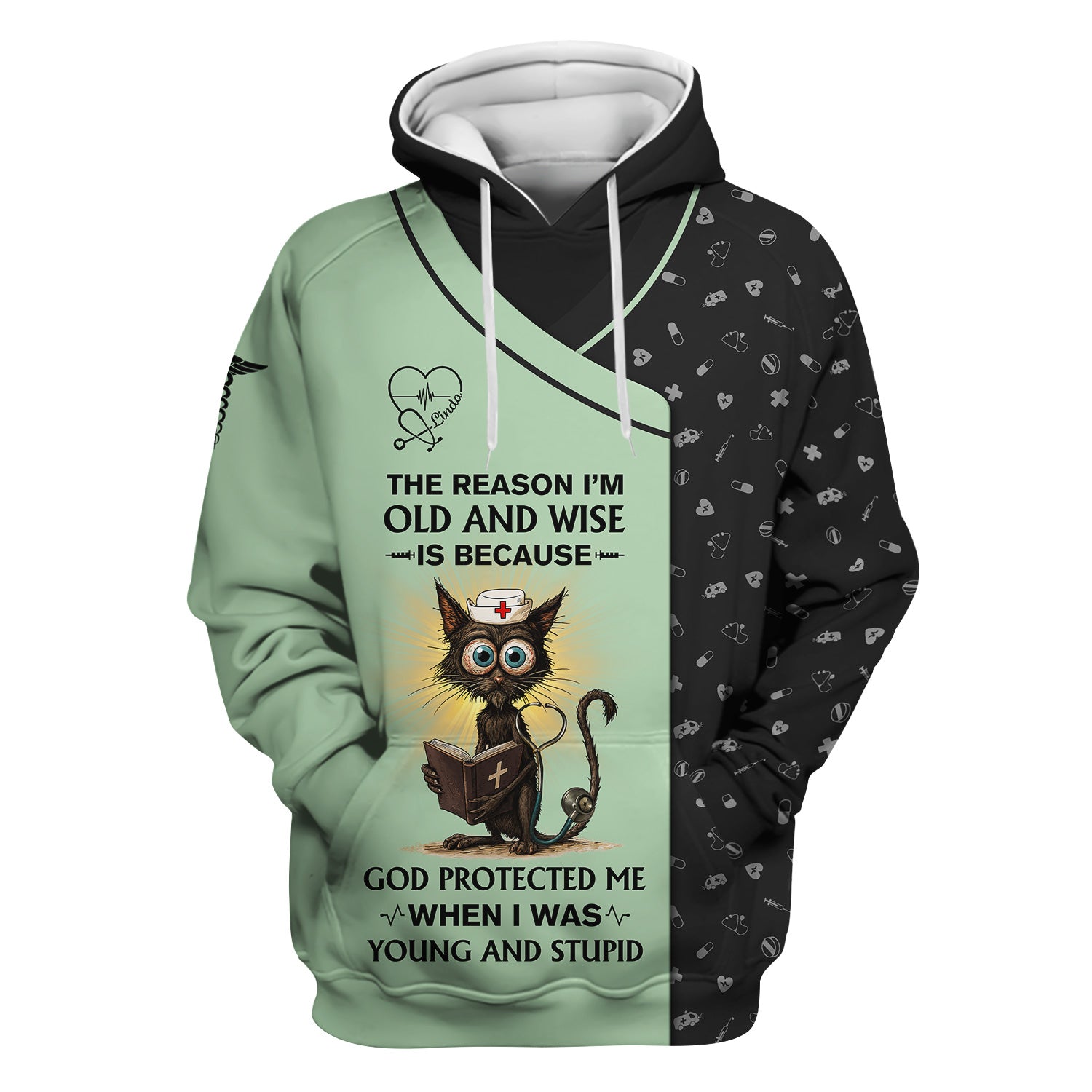 Personalized Funny Christian Nurse Shirt with Cat Design - God Protected Me Quote - Custom Name RN LPN CNA Gift
