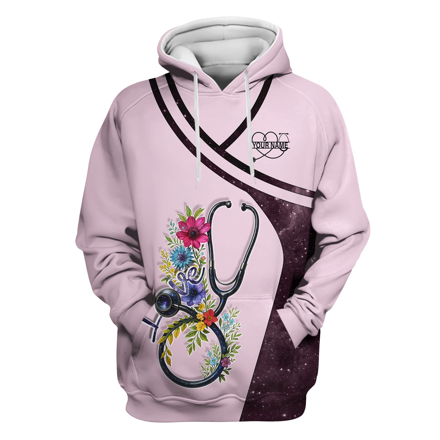 Custom Nurse Love T-Shirt - Floral Stethoscope & Galaxy Design - Personalized Gift for RN LPN CNA Healthcare Professionals