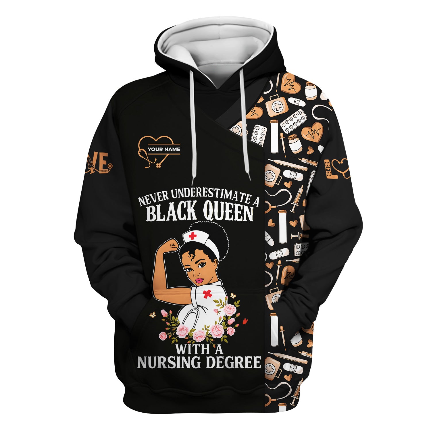 Personalized Nurse Scrub Top for Women - Black Queen With A Nursing Degree - RN LPN CNA Healthcare Workers Gift