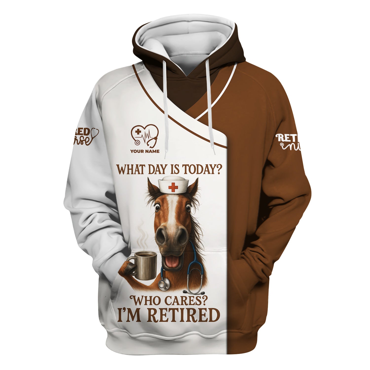 Funny Scrubs Top for Retired Nurse - Horse Design with Coffee Mug Quote - RN LPN Medical Staff Retirement Gift