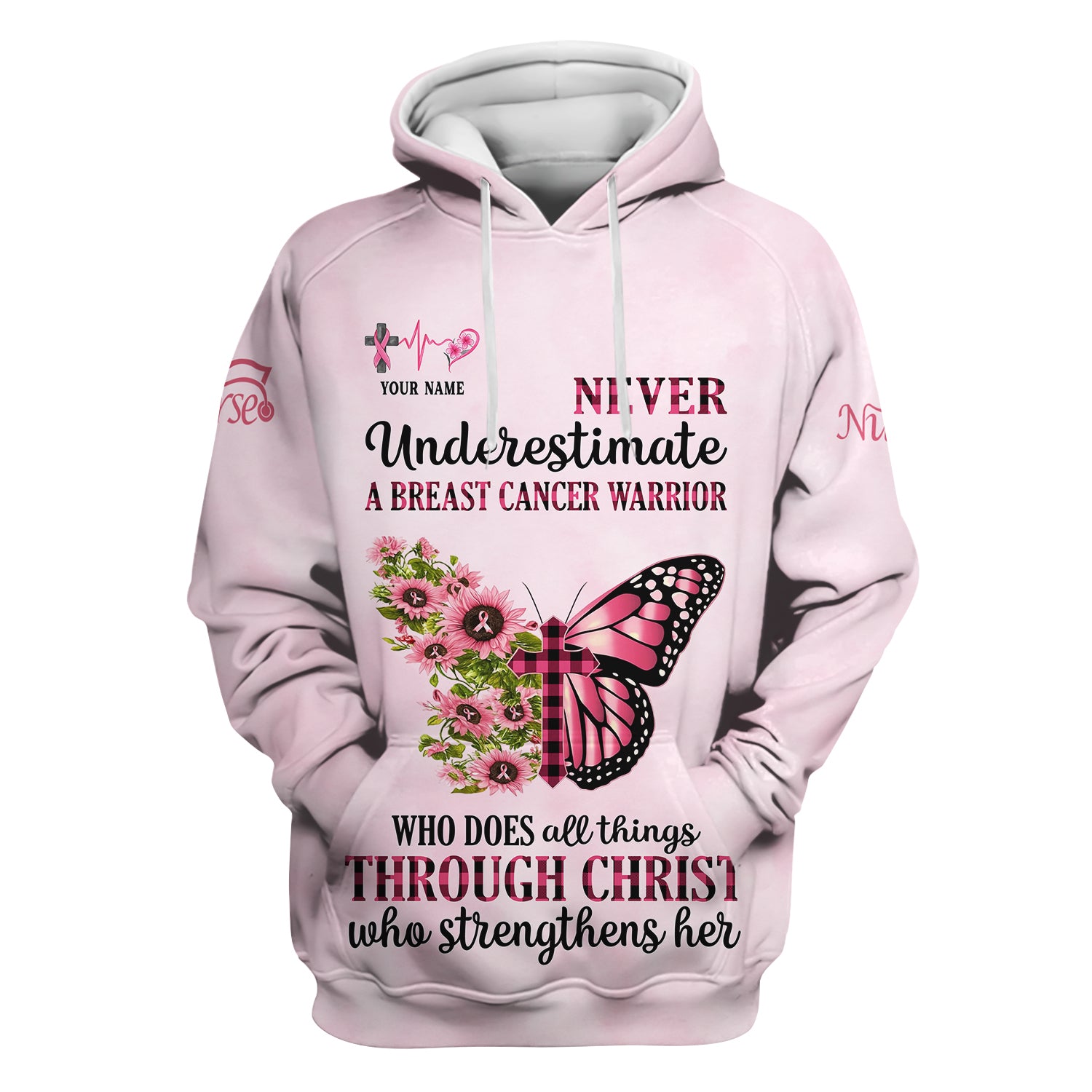 Personalized Breast Cancer Warrior Shirt - Christian Faith Quote & Pink Butterfly Design - Gift for Women RN LPN CNA