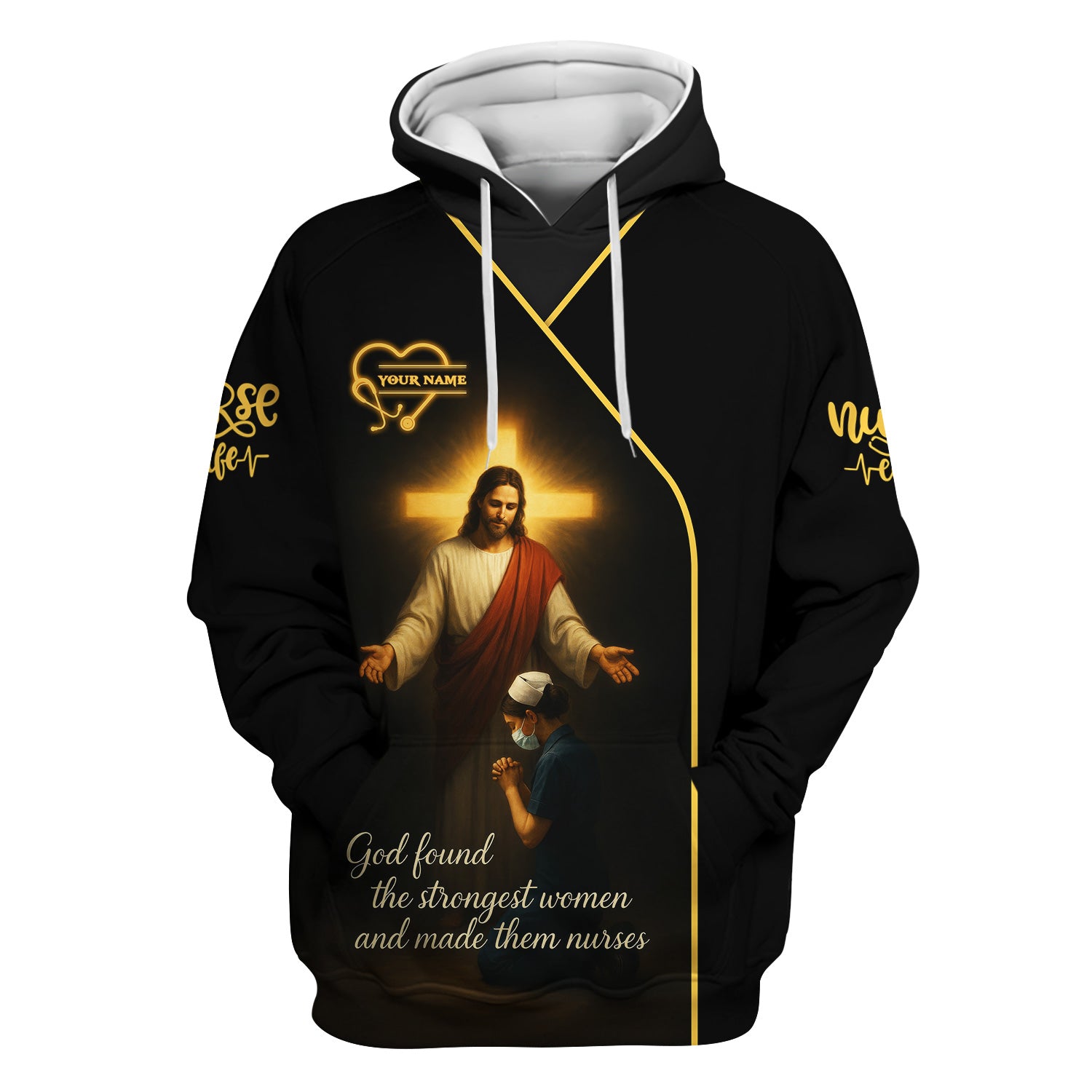 God Found the Strongest Women Nurse Shirt - Christian Faith Scrub Top for RN CNA - Custom Name Spiritual Medical Uniform Gift