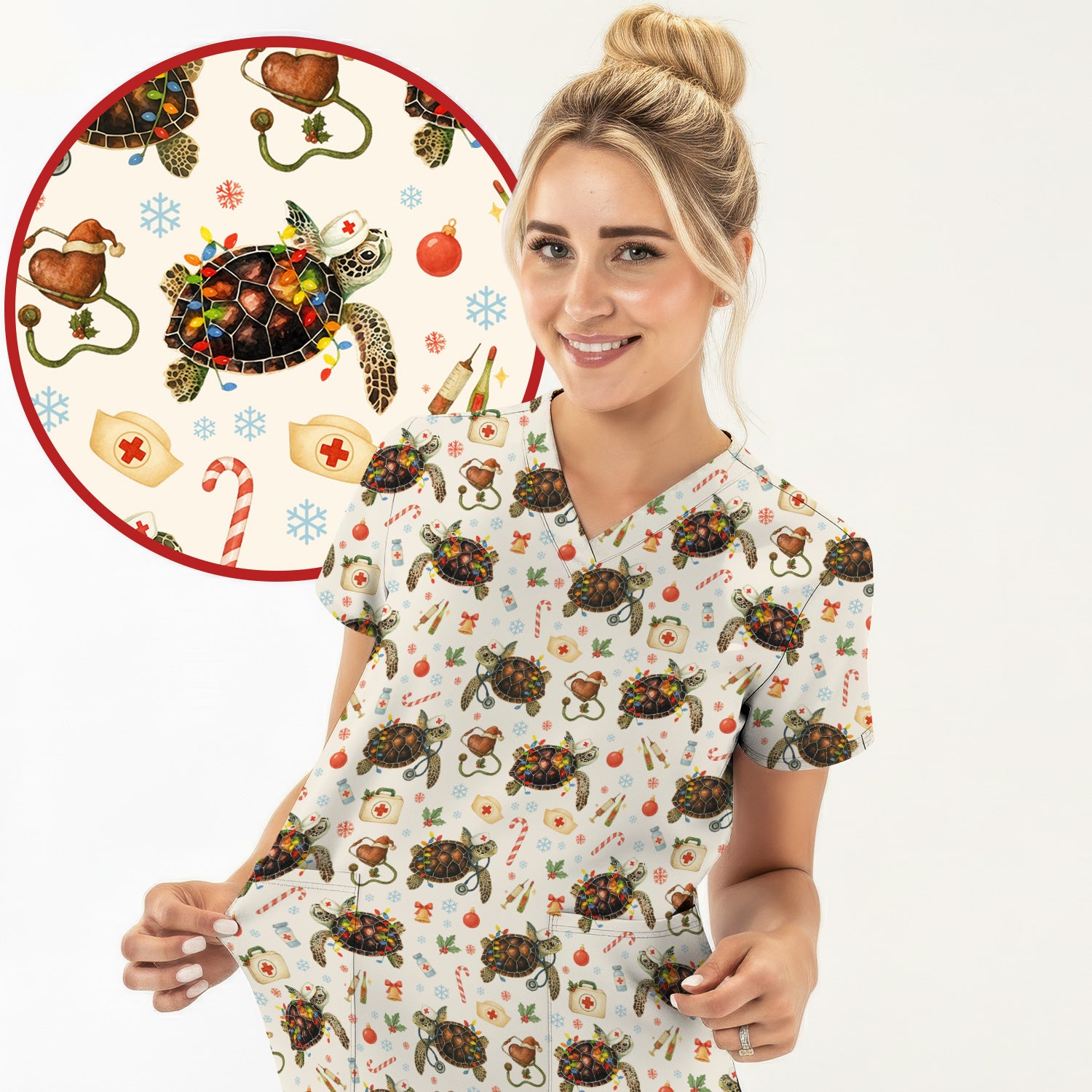 Christmas Turtle Scrub Top for Women - Cute Sea Turtle Nursing Medical Shirt - Festive Holiday Scrubs for CNA LPN RN