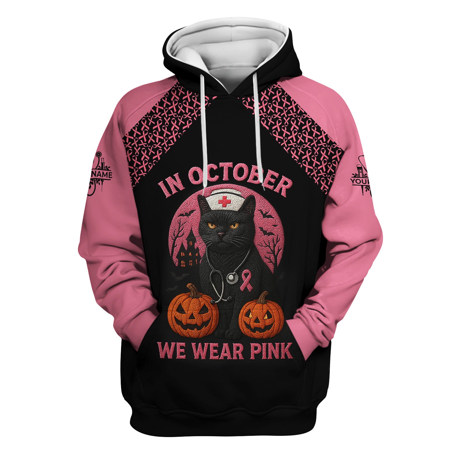 Custom Breast Cancer Awareness Nurse Shirt - In October We Wear Pink Halloween Cat Tee - CNA RN LPN Nursing Apparel Gift
