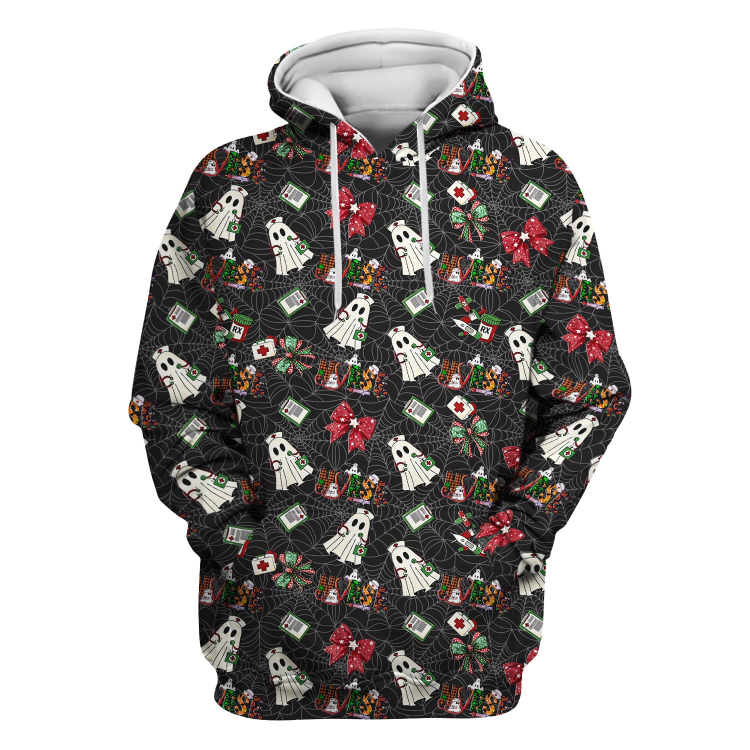 Custom Halloween Scrub Top for Nurses - Funny Ghost and Web Scrub Shirt Multi Color - Cute Spooky Nursing Workwear with Pockets